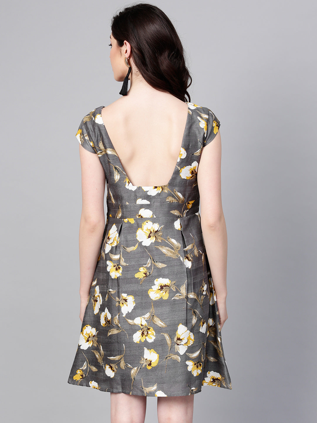 Women Grey Floral Silk A-Line Dress