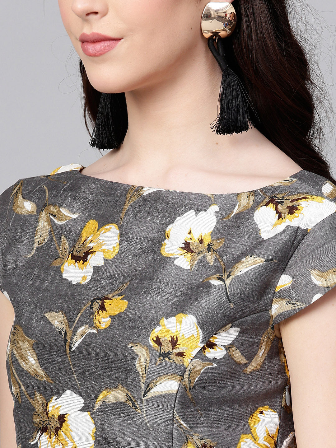 Women Grey Floral Silk A-Line Dress