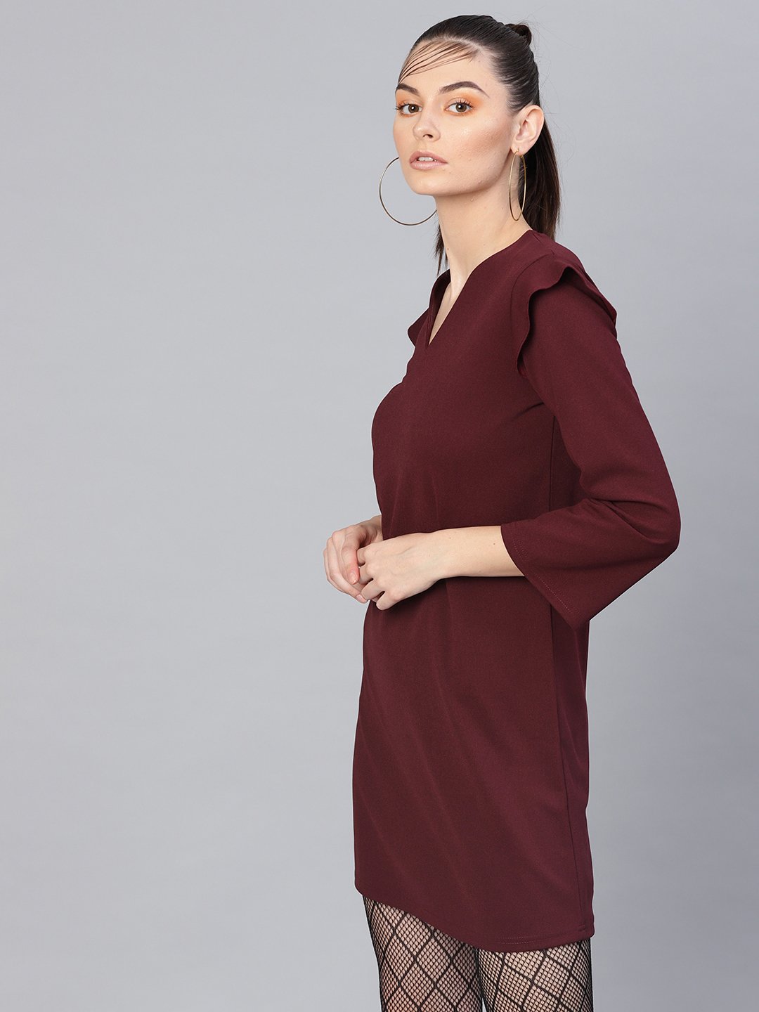 Women Burgundy V-Neck Shift Dress