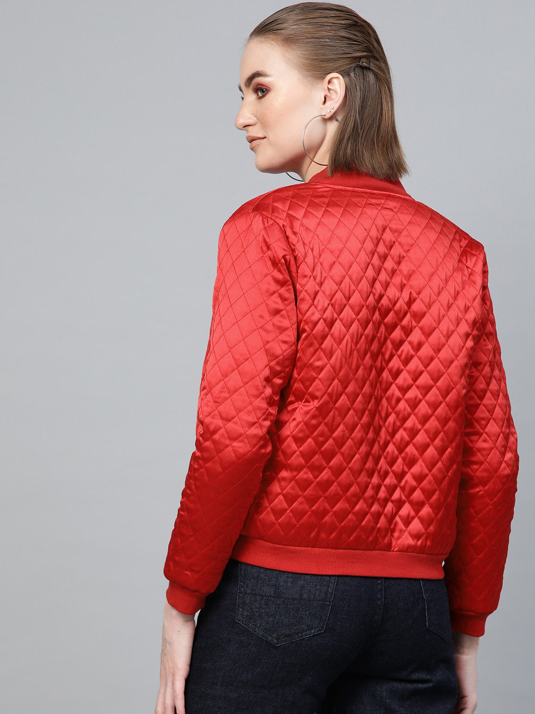 Women Red Quilting Bomber Jacket