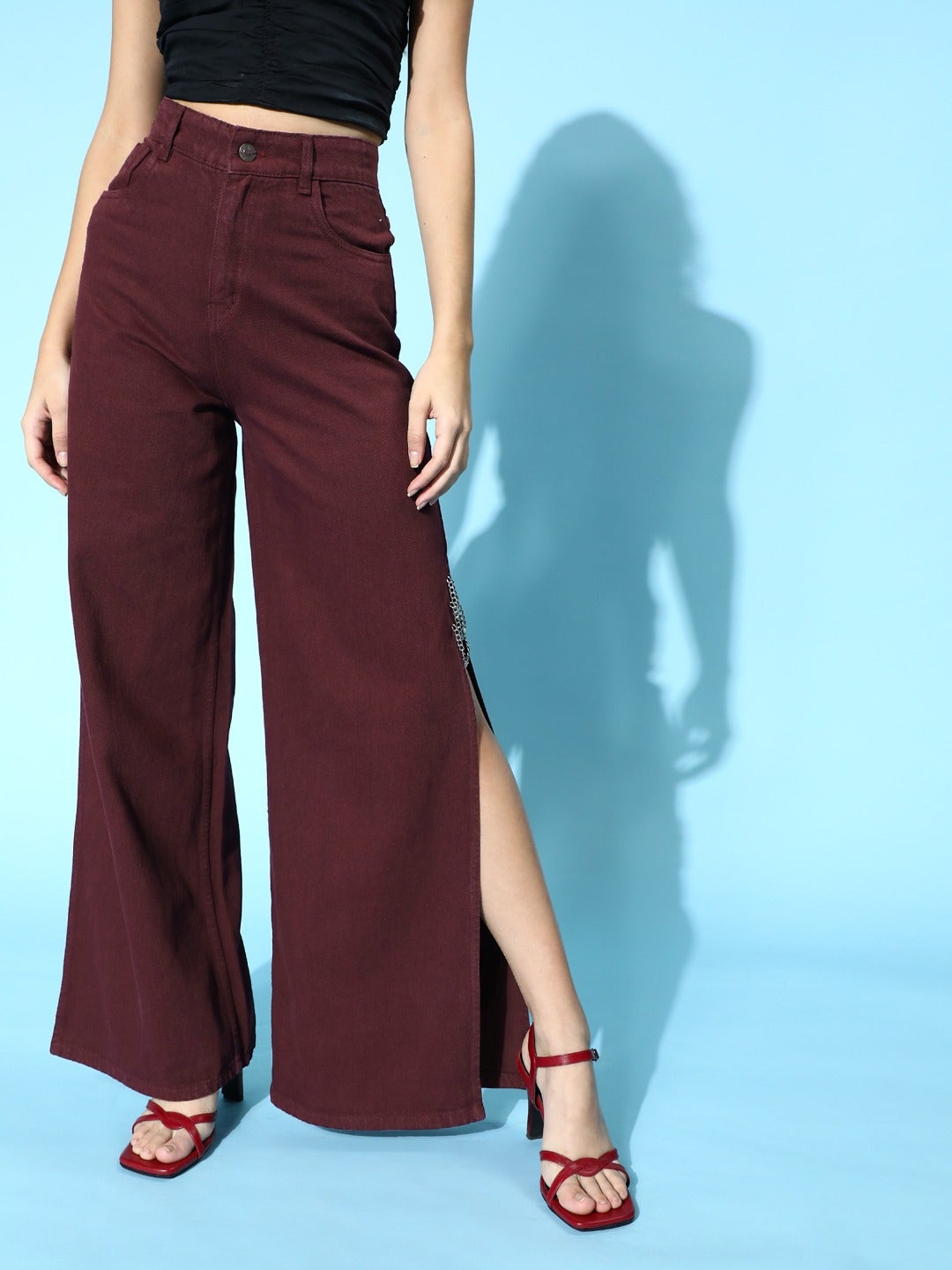 Women Maroon Side Chain Slit Jeans