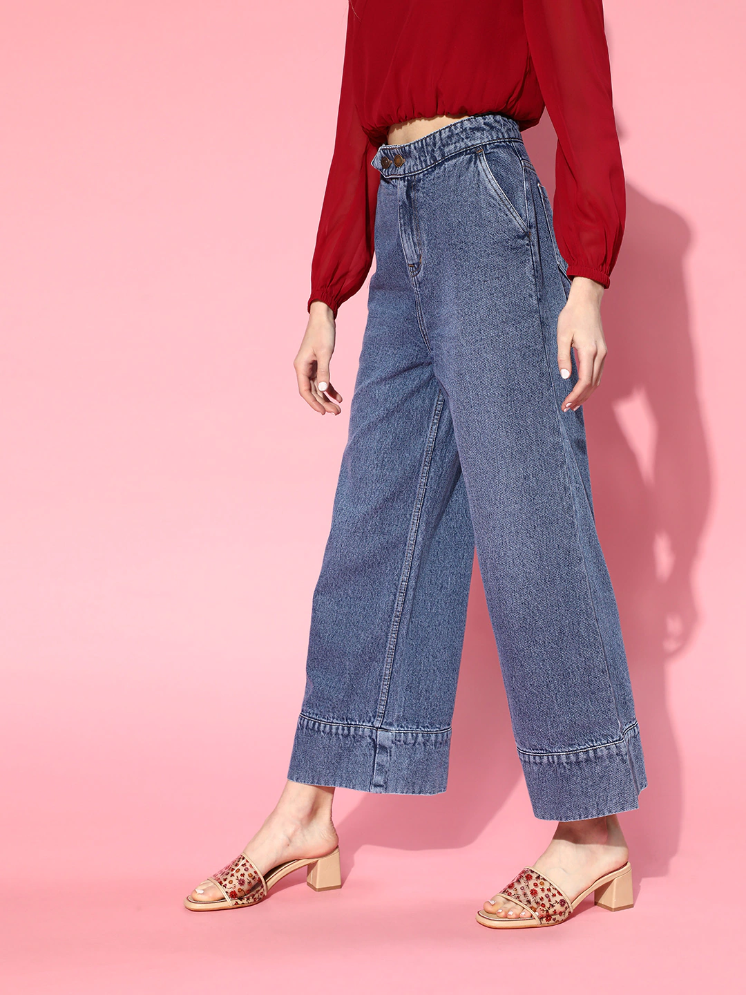 Women Basic Blue Wide Leg Extended Bottom Jeans