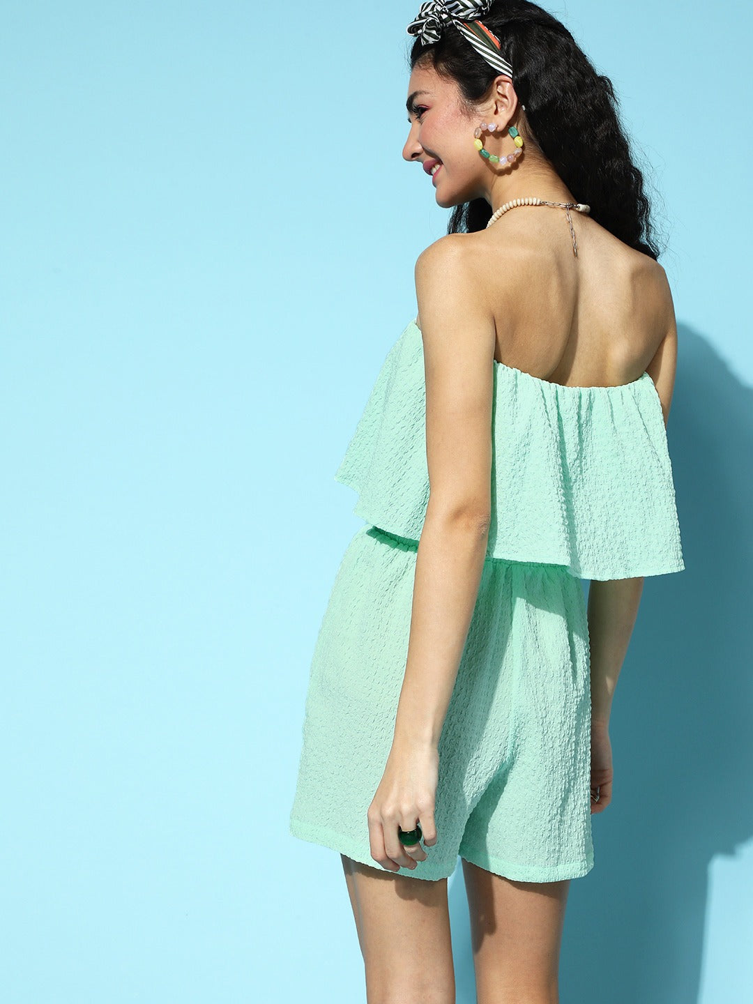 Women Mint Green Bardot Layered Romper