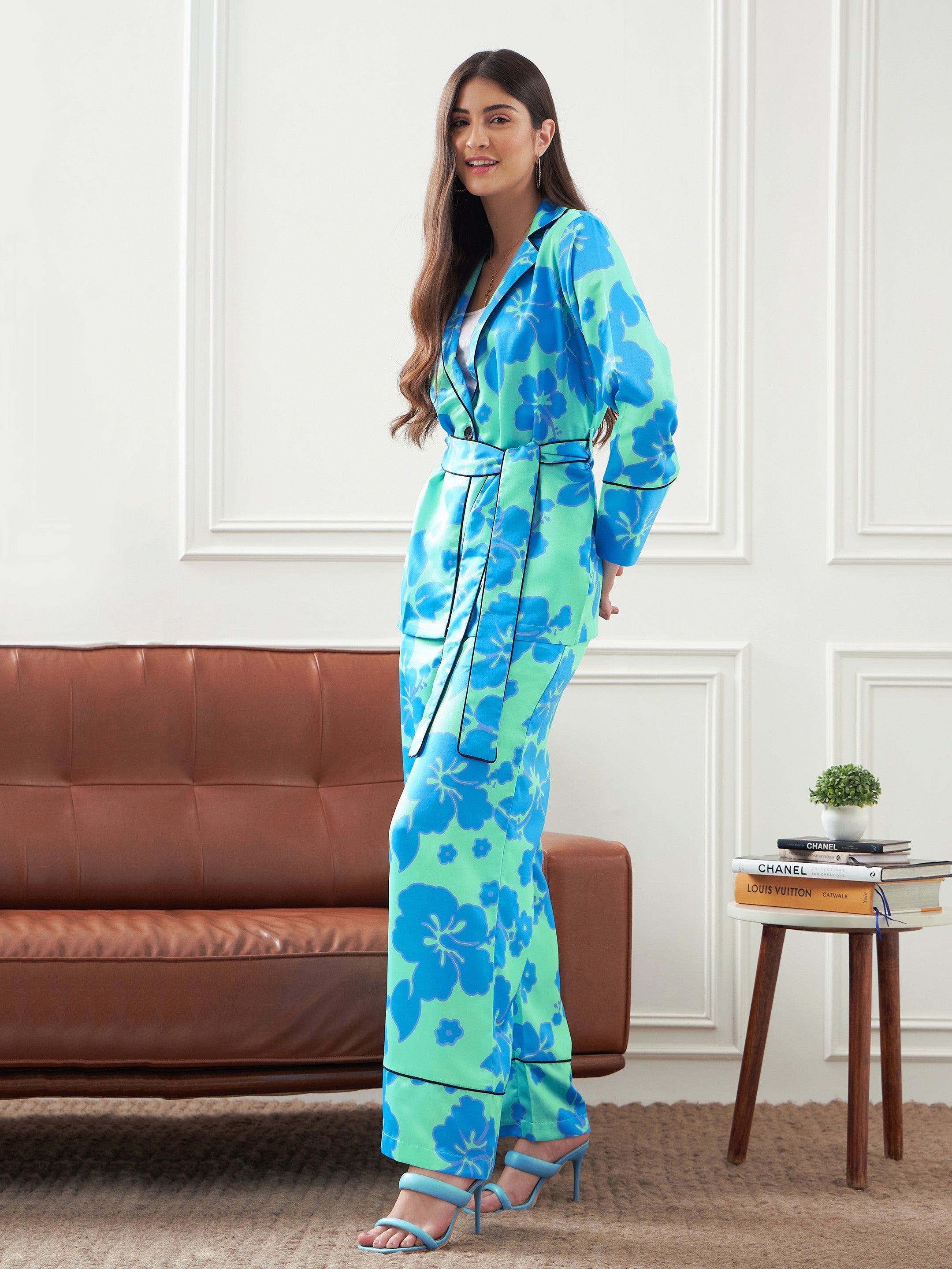 Women Blue & Green Satin Belted Shirt With Lounge Pants