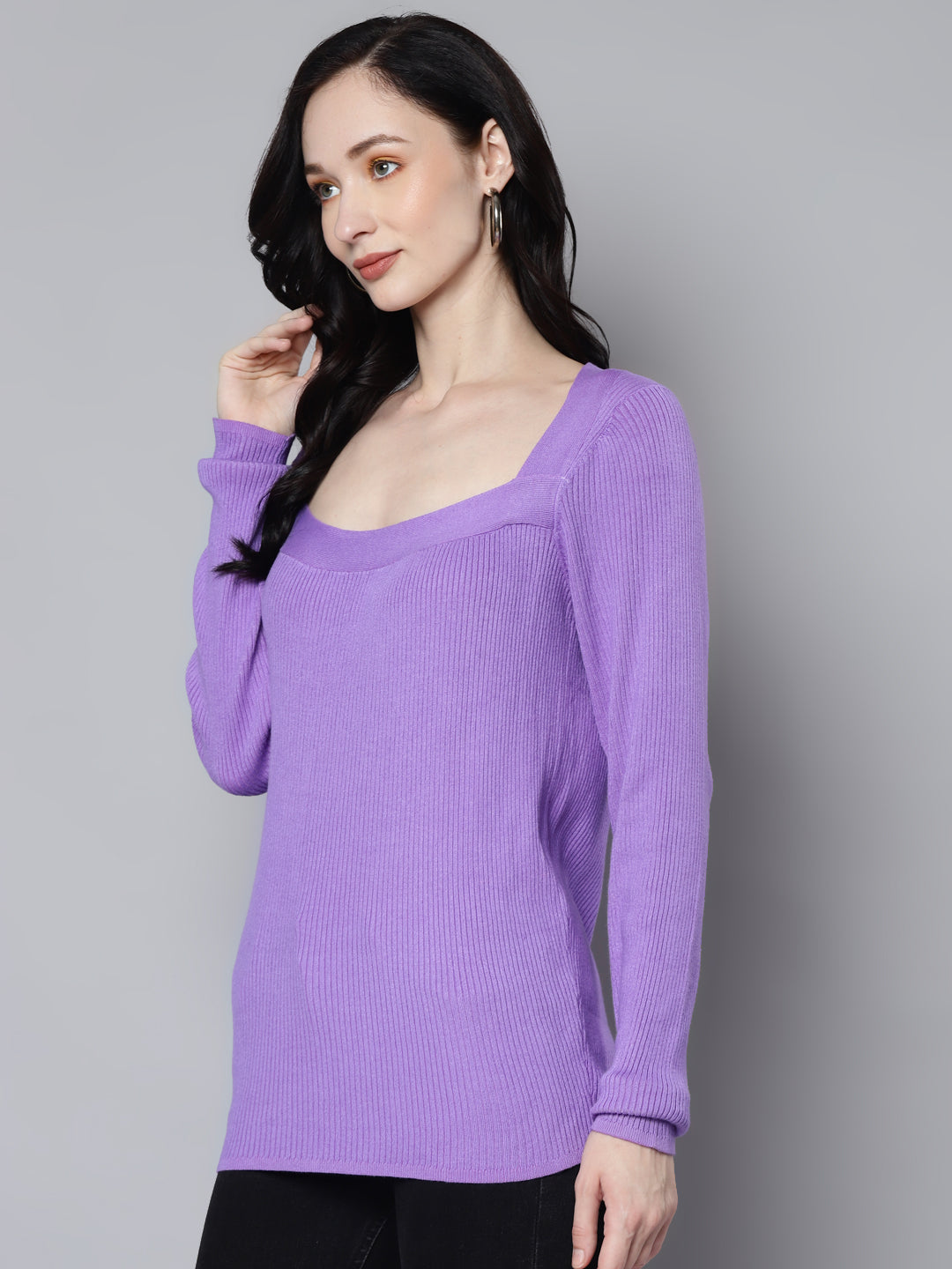 Women Lavender Rib Square Neck Full Sleeves Sweater - NOZ2TOZ