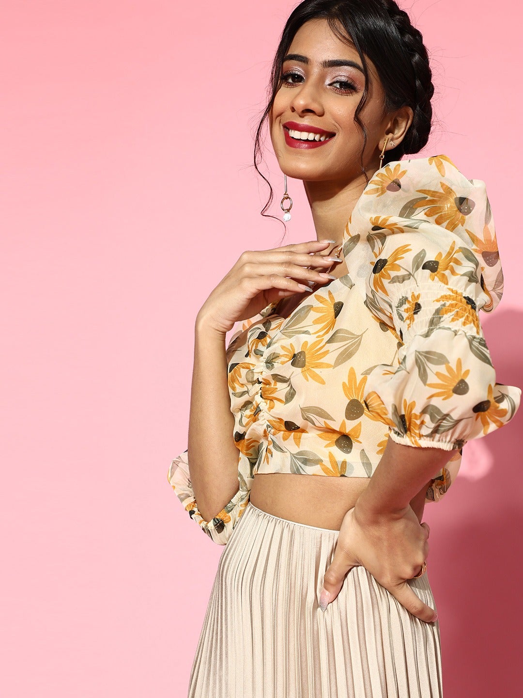 Women Yellow Floral Organza Ruched Crop Top