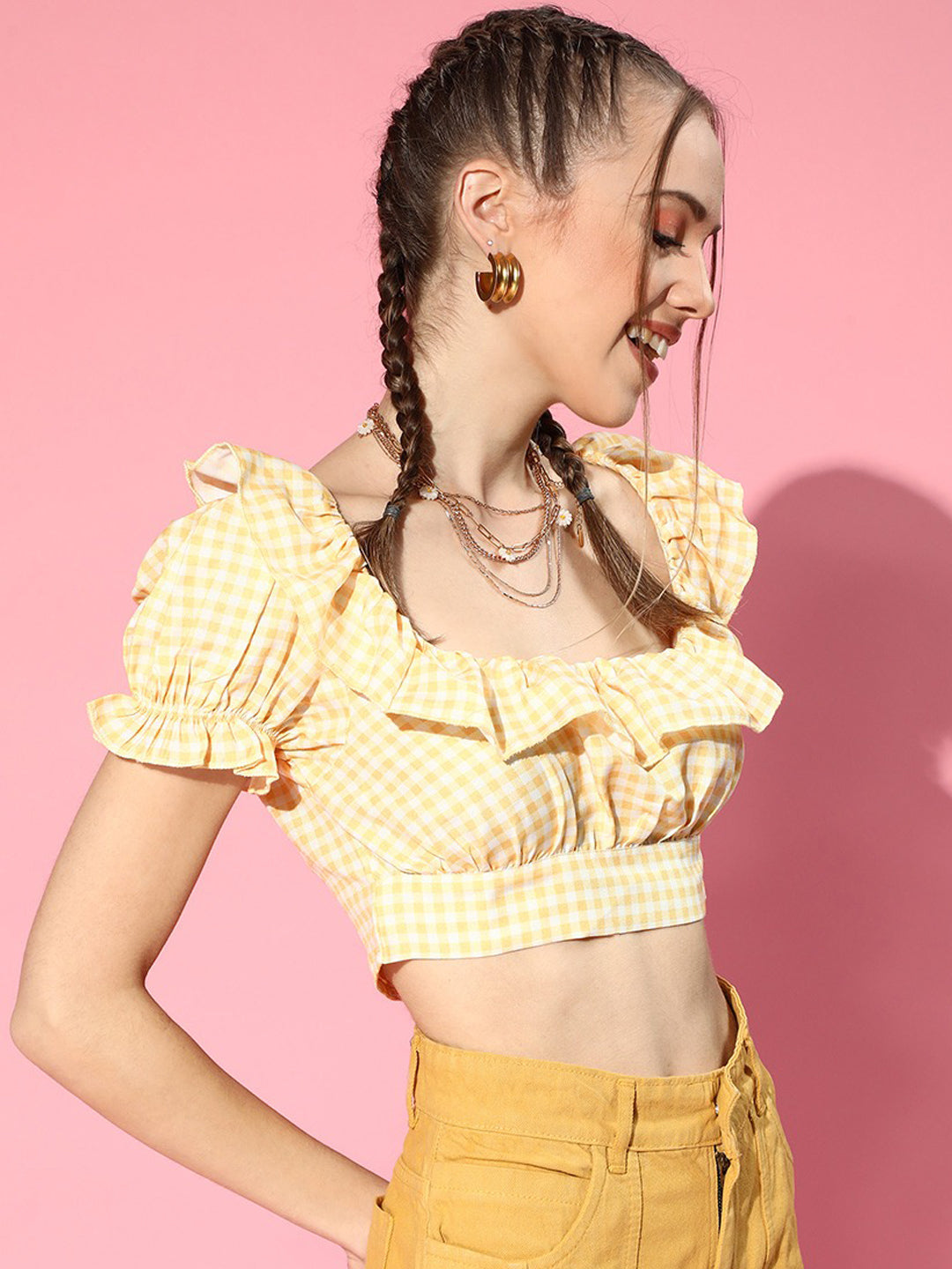N2Z2TOZ - Women Yellow Gingham Check Layered Crop Top