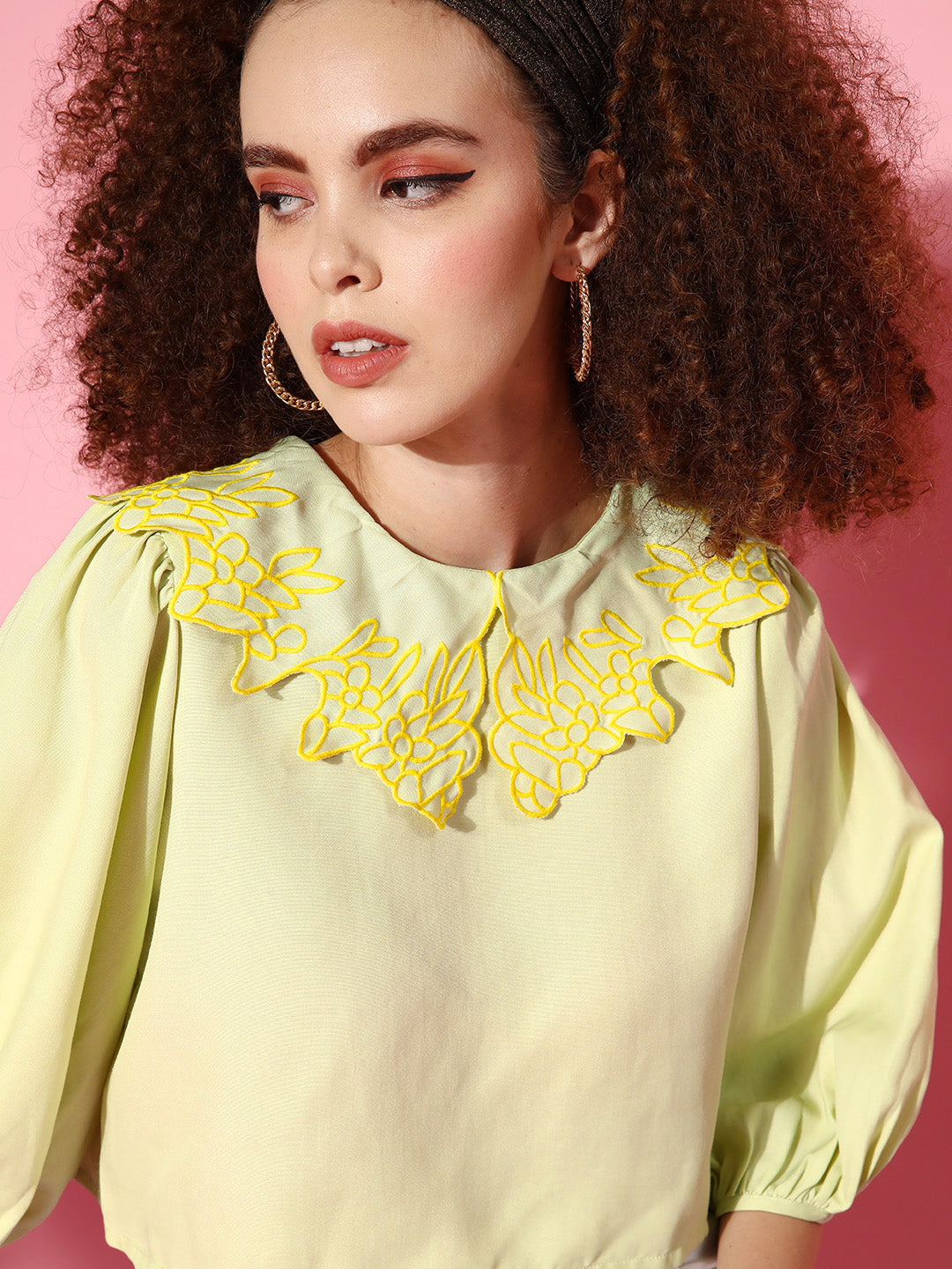 Women Mint Green Scallop Embroidered Broad Collar Crop Top - NOZ2TOZ