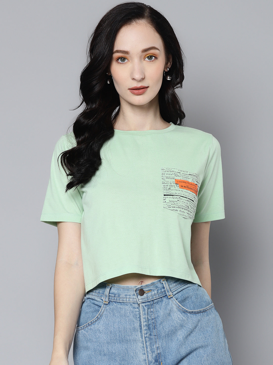 Women Green Newspaper Pocket Crop T-Shirt - NOZ2TOZ