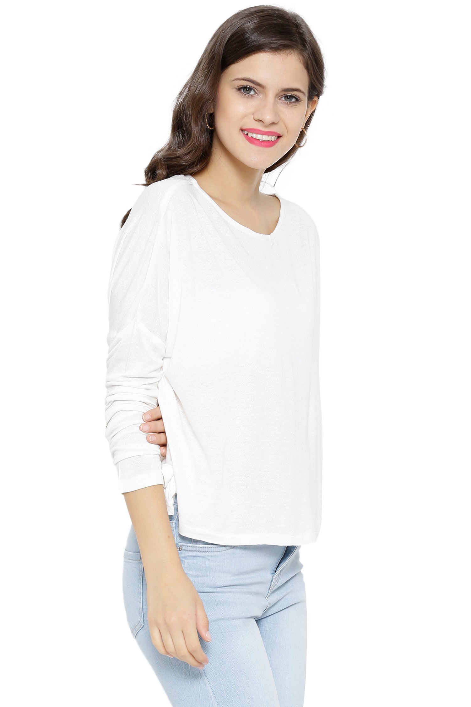 Women Ivory Loose Top with Elbow Patch