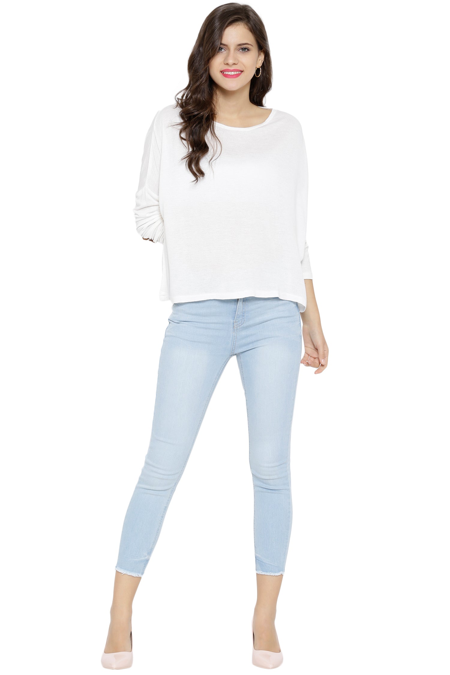 Women Ivory Loose Top with Elbow Patch