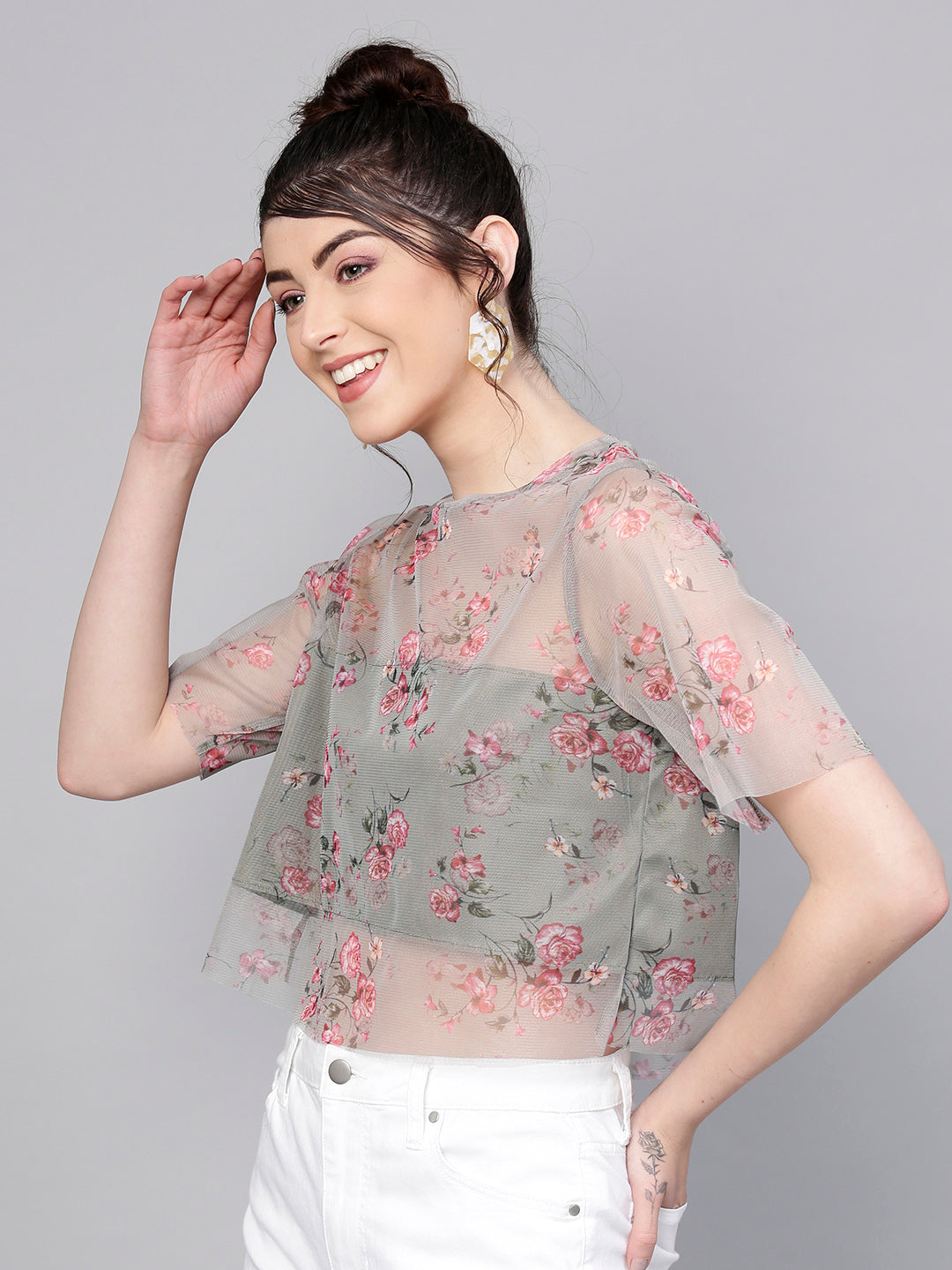 Women Olive Mesh Floral Boxy Crop Top