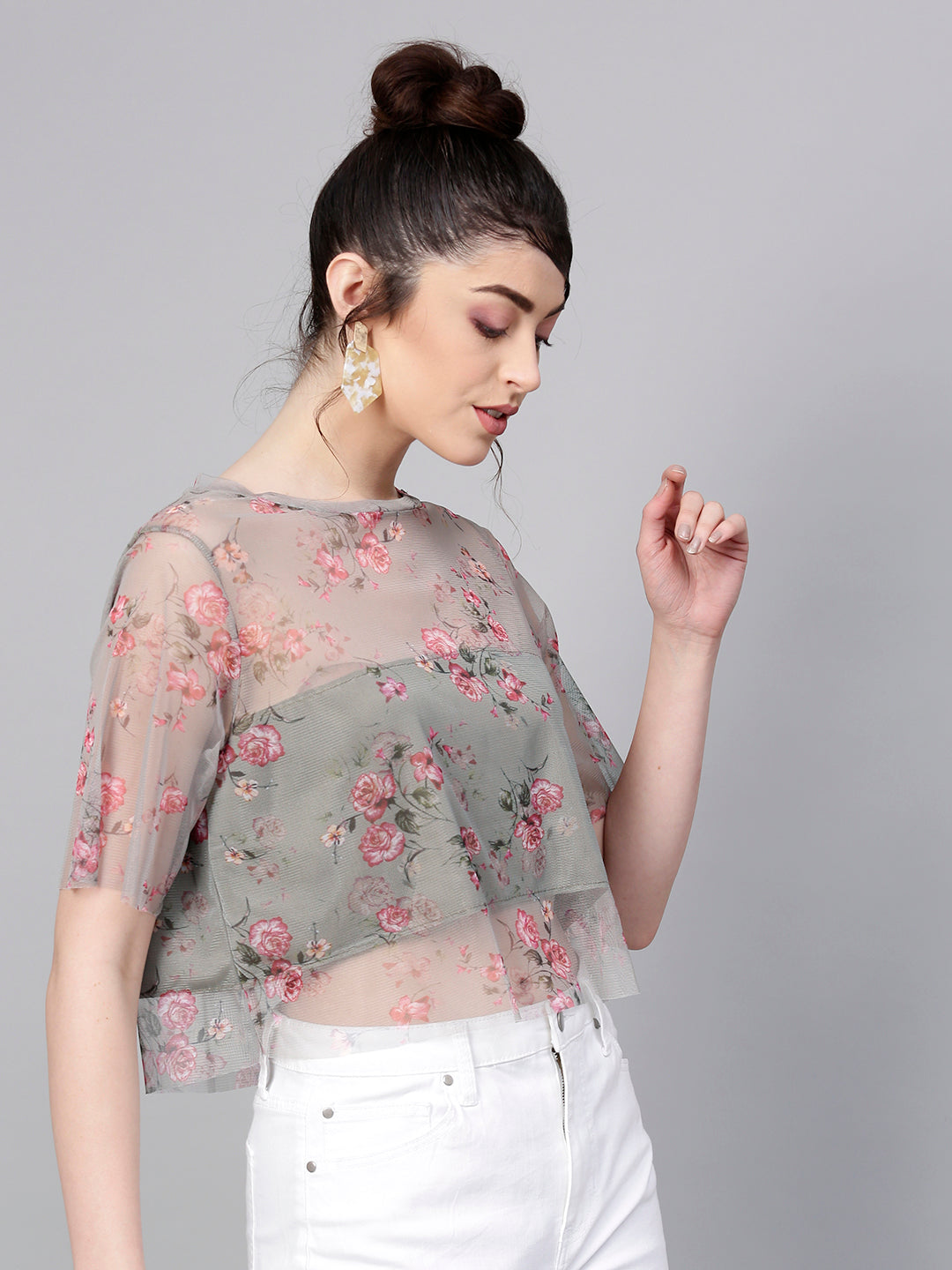 Women Olive Mesh Floral Boxy Crop Top
