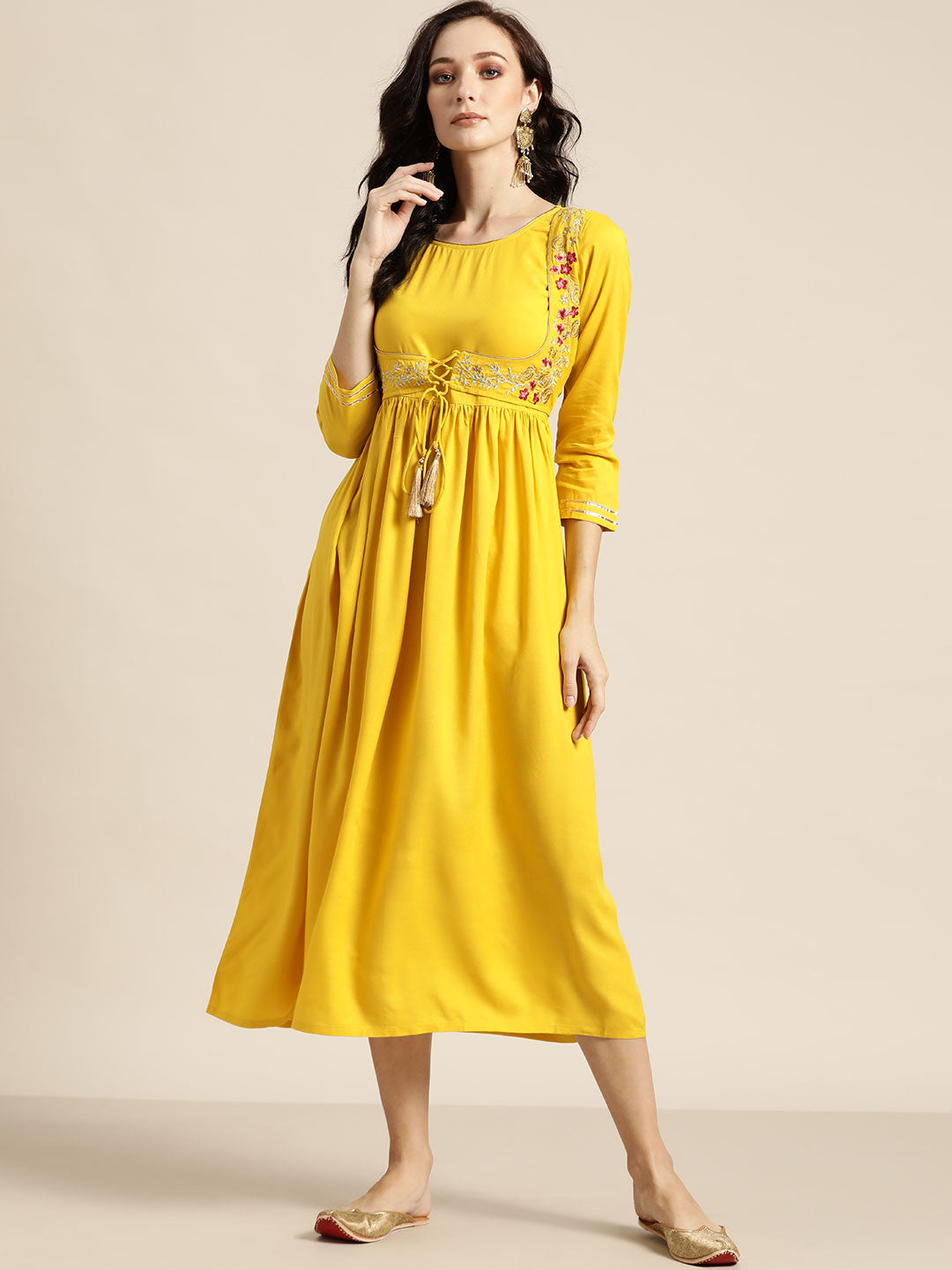 N2Z2TOZ - Yellow Zari Embroidered Liva Dress With Jacket