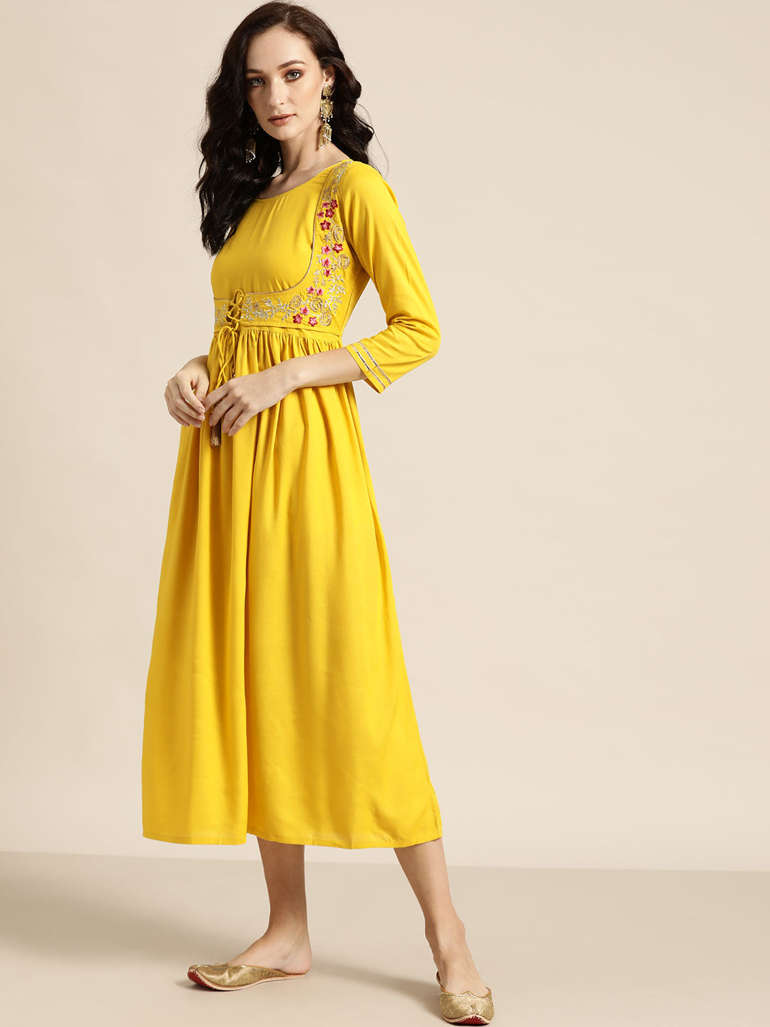 Women Yellow Zari Embroidered Liva Dress With Jacket
