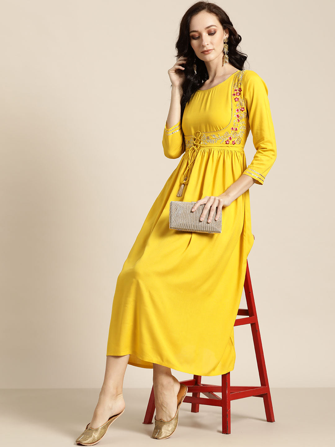 Women Yellow Zari Embroidered Liva Dress With Jacket