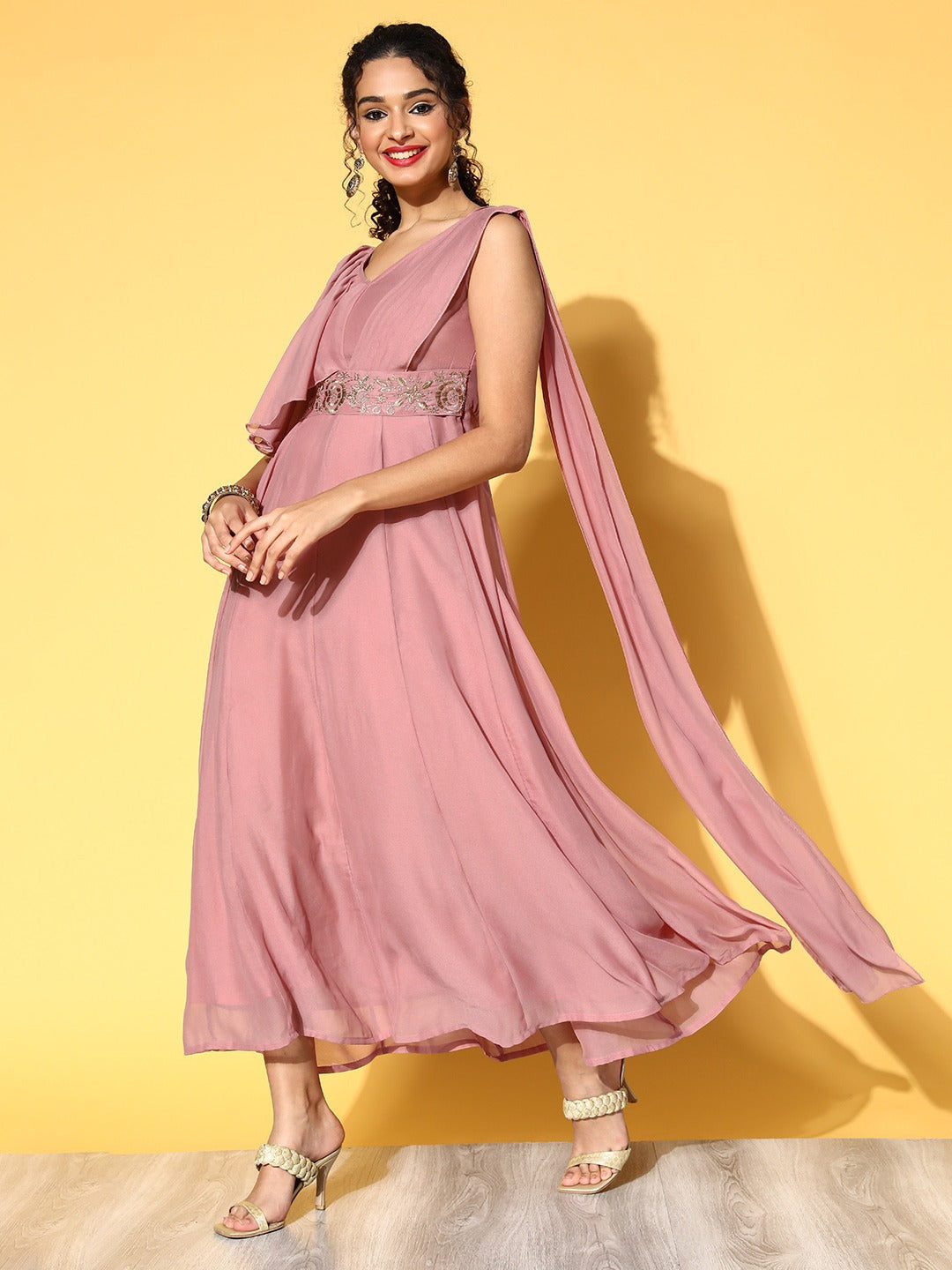 Women Baked Pink Drape Dupatta Anarkali Maxi Dress - NOZ2TOZ
