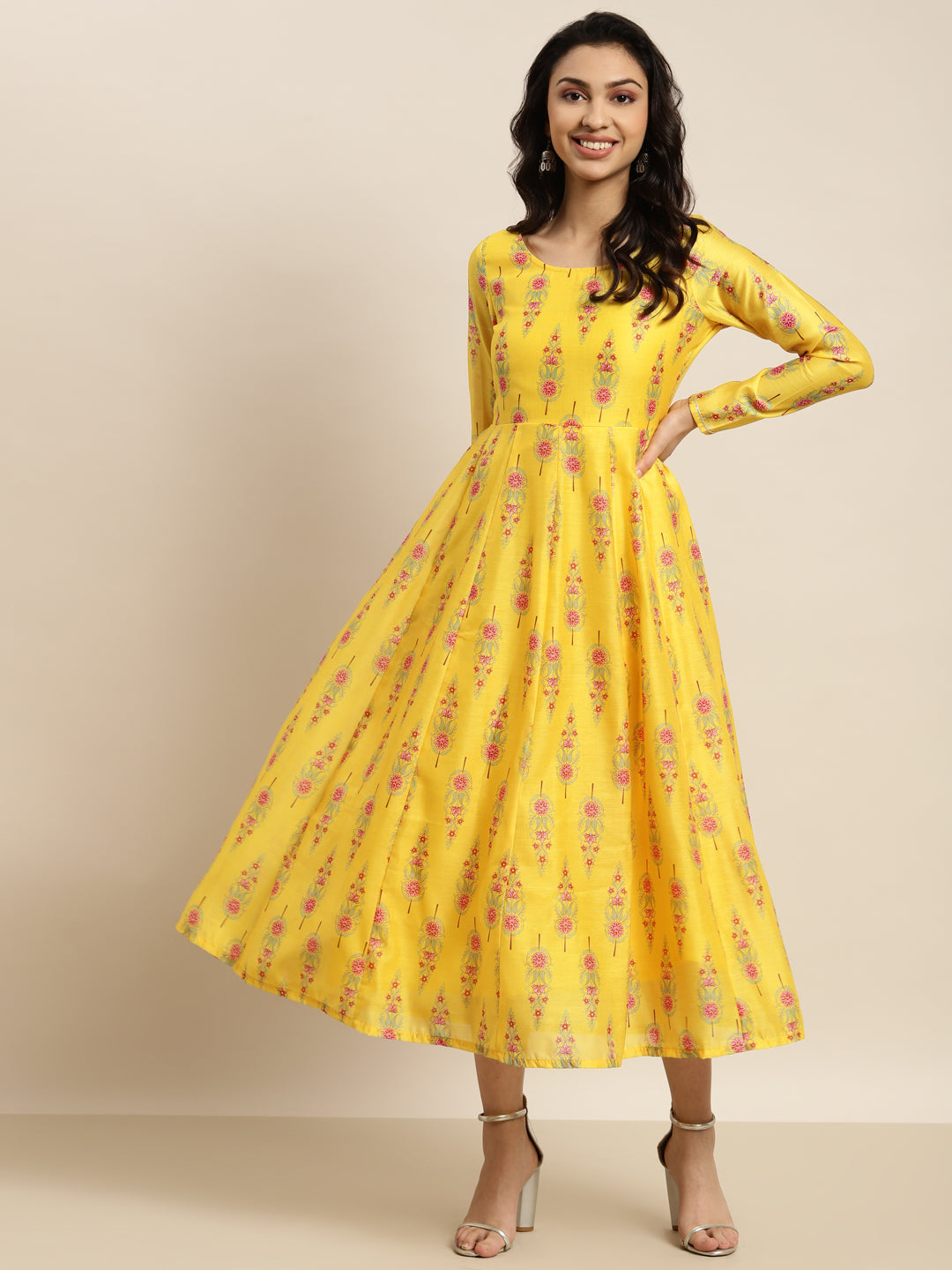 Women Yellow Floral Aanrkali Dress - NOZ2TOZ