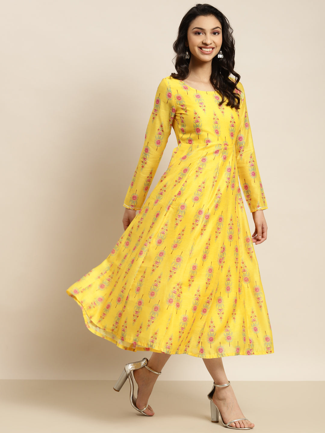 Women Yellow Floral Aanrkali Dress - NOZ2TOZ