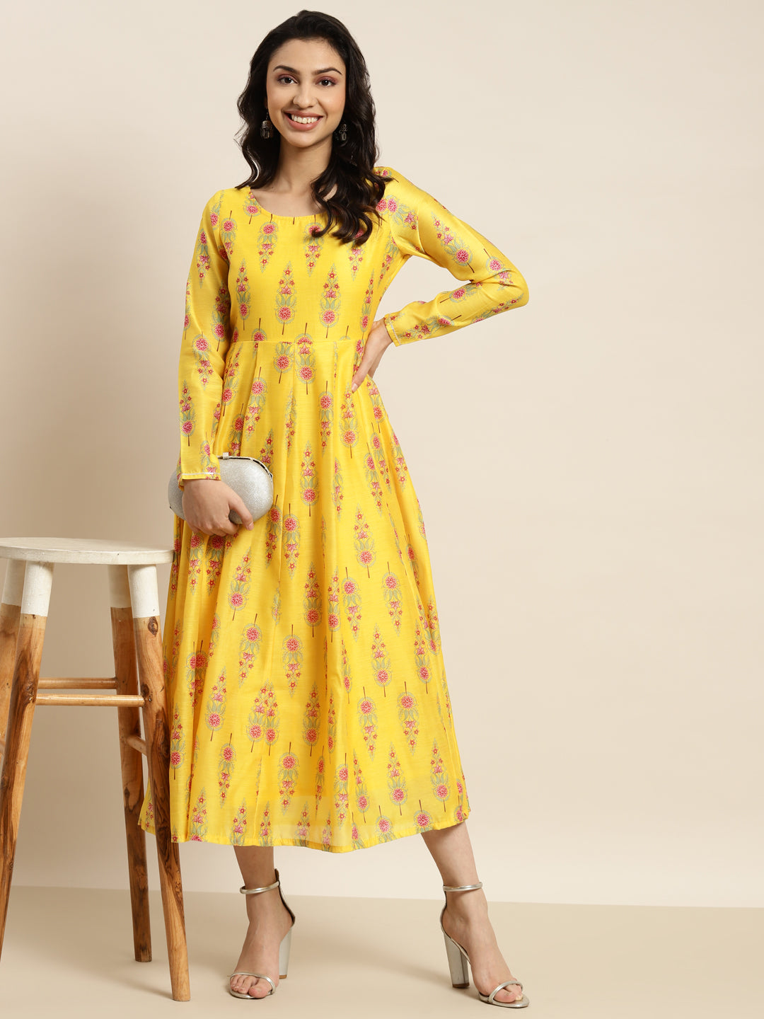 Women Yellow Floral Aanrkali Dress - NOZ2TOZ