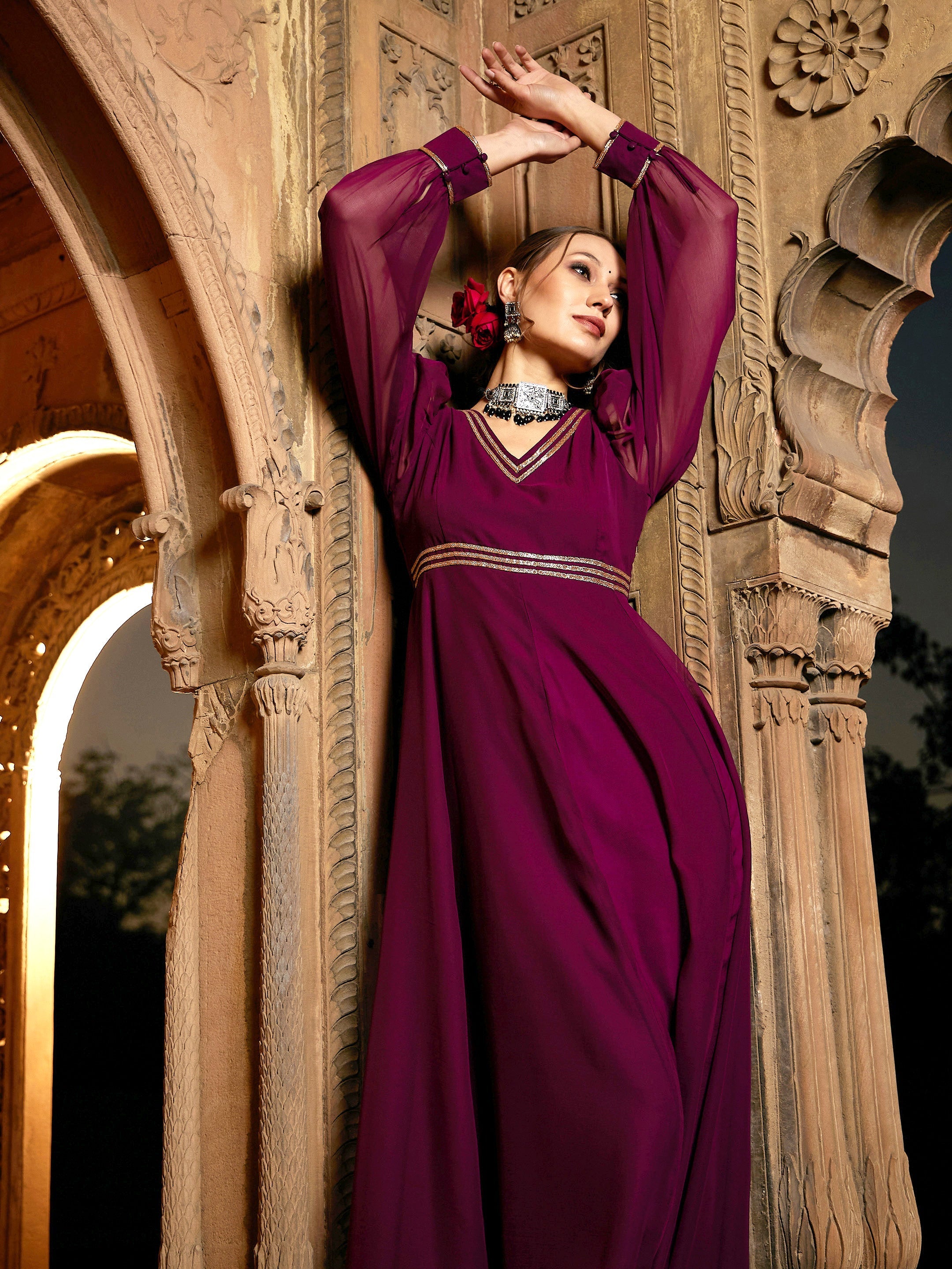 Buy Women Burgundy Lace Detail Chiffon Maxi Dress Online @ NOZ2TOZ