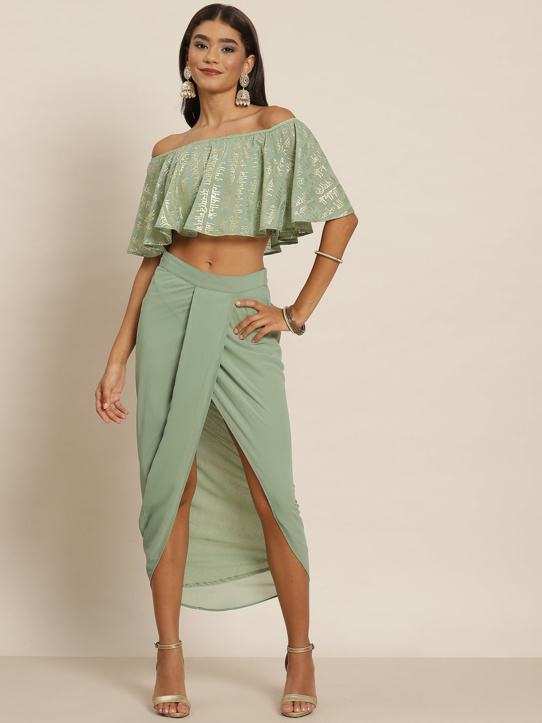 Women Green Shloka Foil Crop Top With Dhoti Skirt - NOZ2TOZ