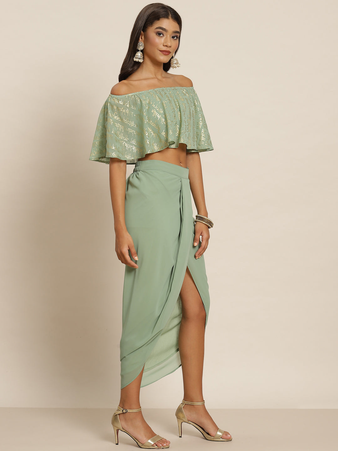 Women Green Shloka Foil Crop Top With Dhoti Skirt - NOZ2TOZ