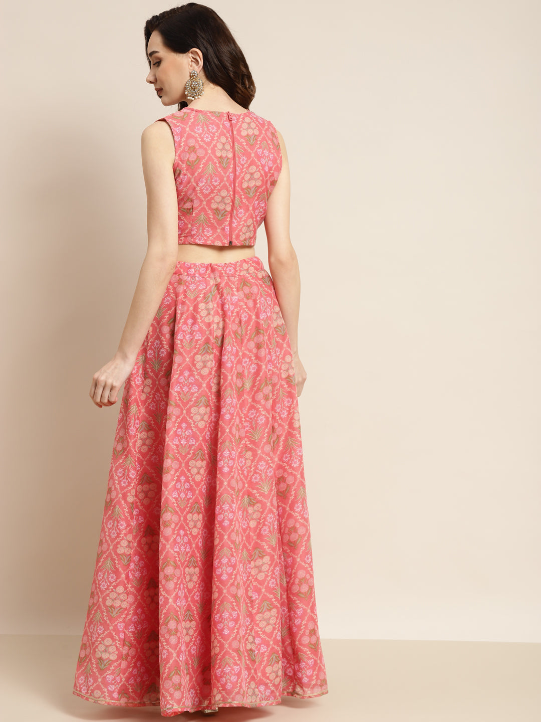 Women Peach Mughal Floral Crop Top With Anarkali Skirt - NOZ2TOZ