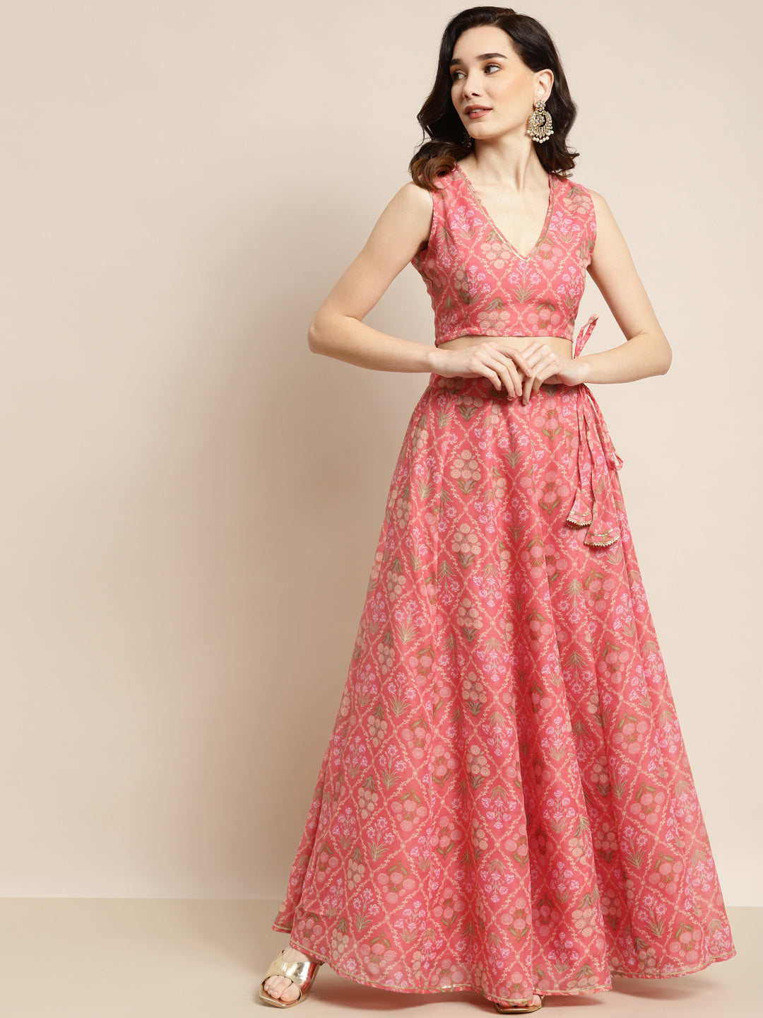 Women Peach Mughal Floral Crop Top With Anarkali Skirt - NOZ2TOZ
