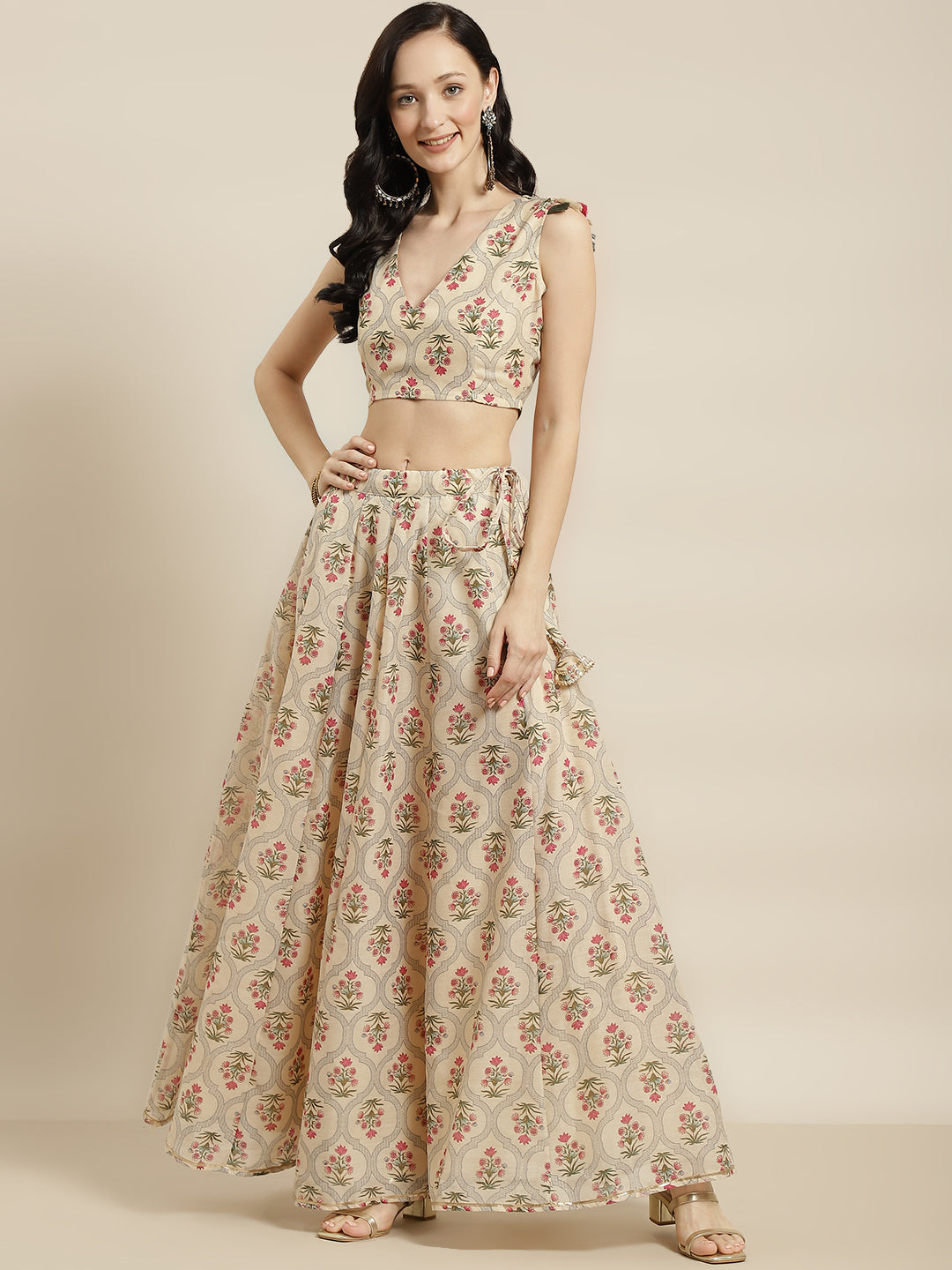 Women Beige Mughal Floral Crop Top With Anarkali Skirt - NOZ2TOZ