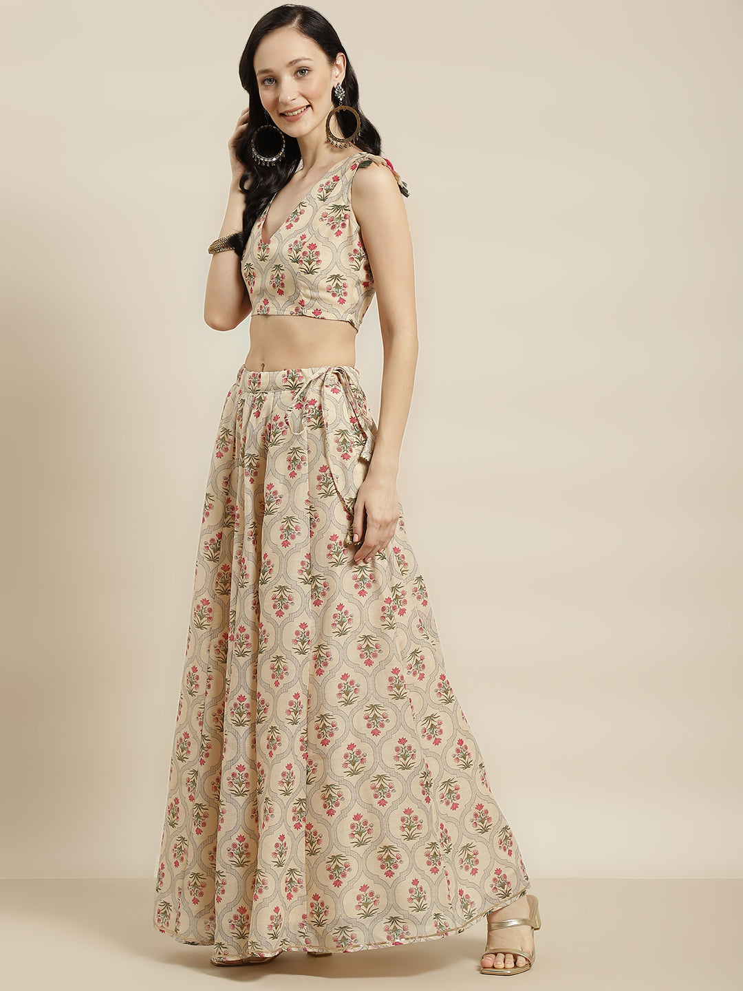 Women Beige Mughal Floral Crop Top With Anarkali Skirt - NOZ2TOZ