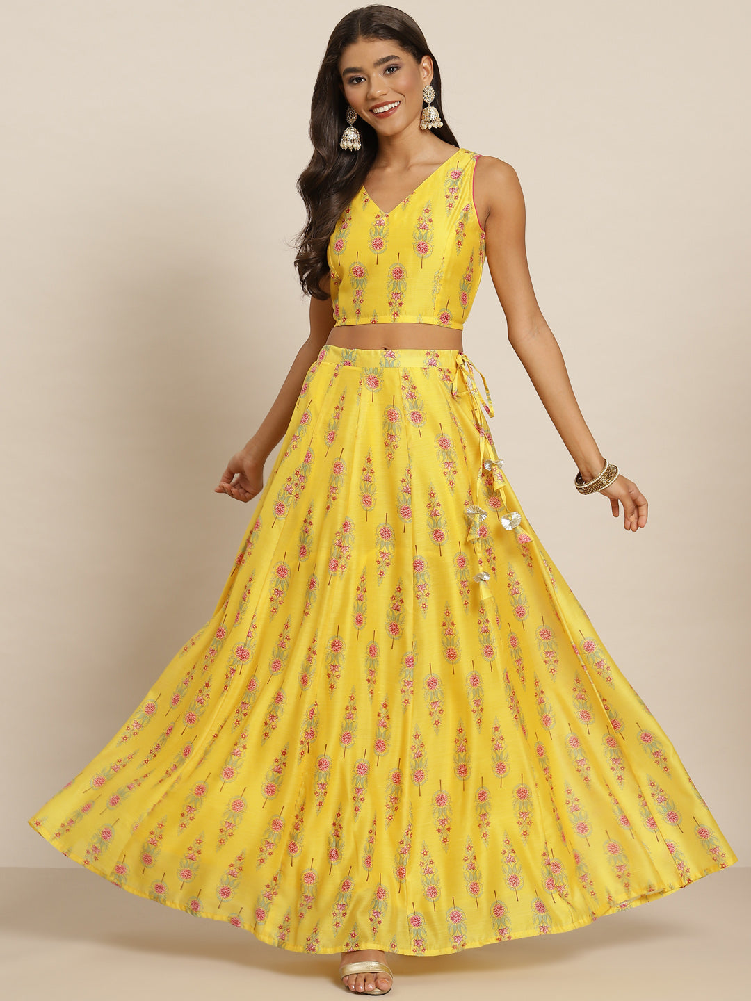 Women Yellow Chanderi Floral Crop Top With Aanrkali Skirt - NOZ2TOZ