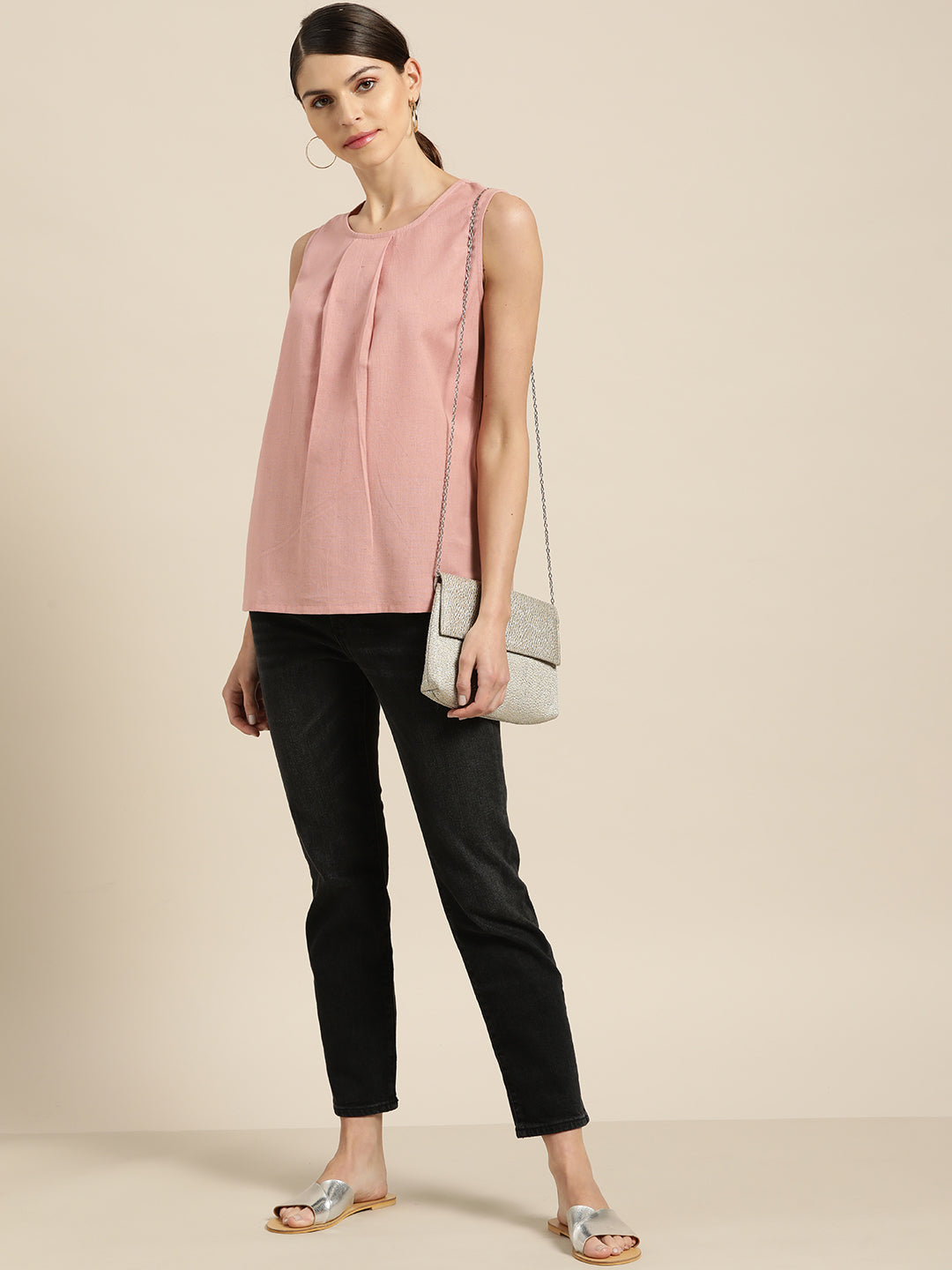Women Baked Pink Sleeveless Back Tie Up Top