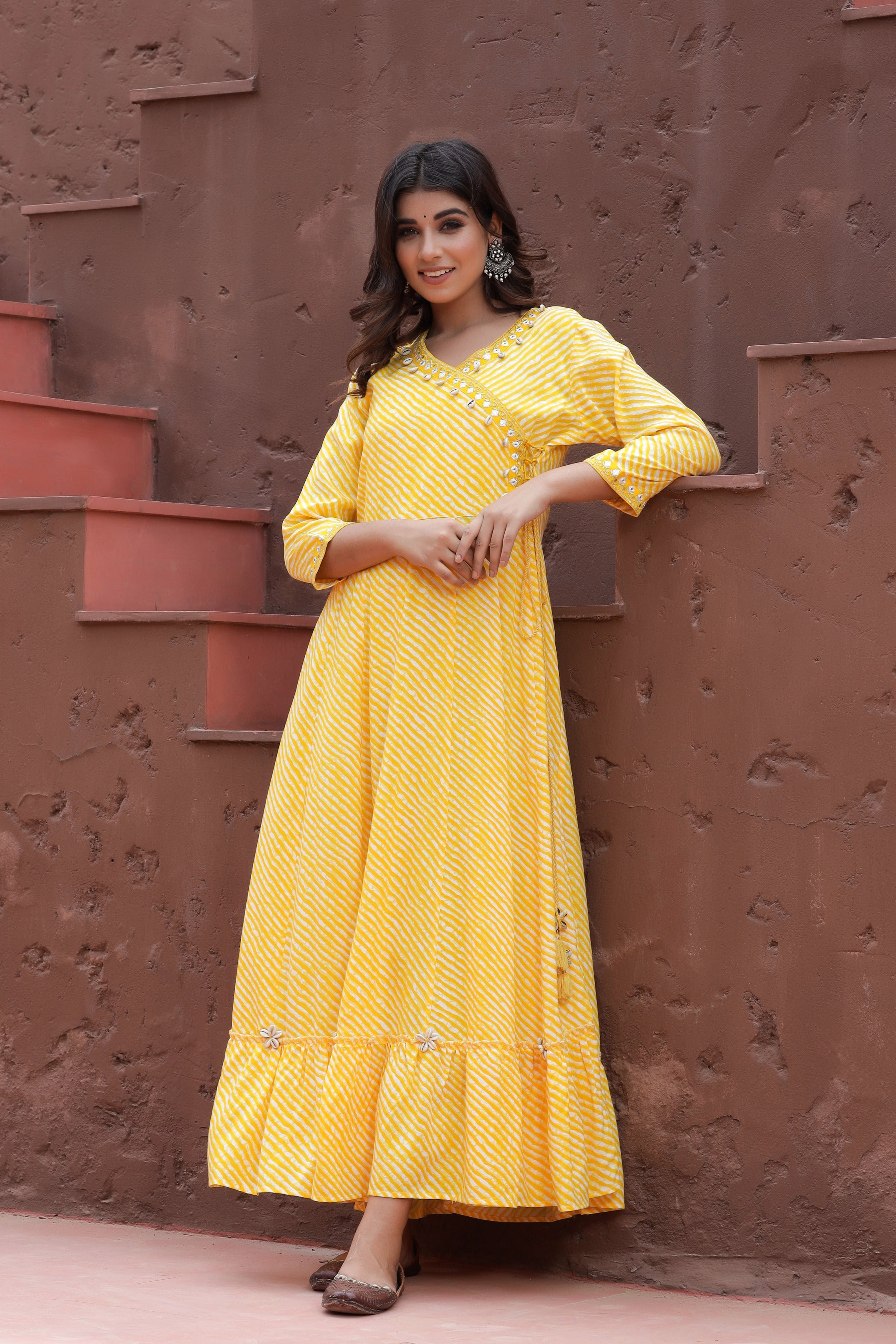 Women Yellow Lehariya Printed Dress