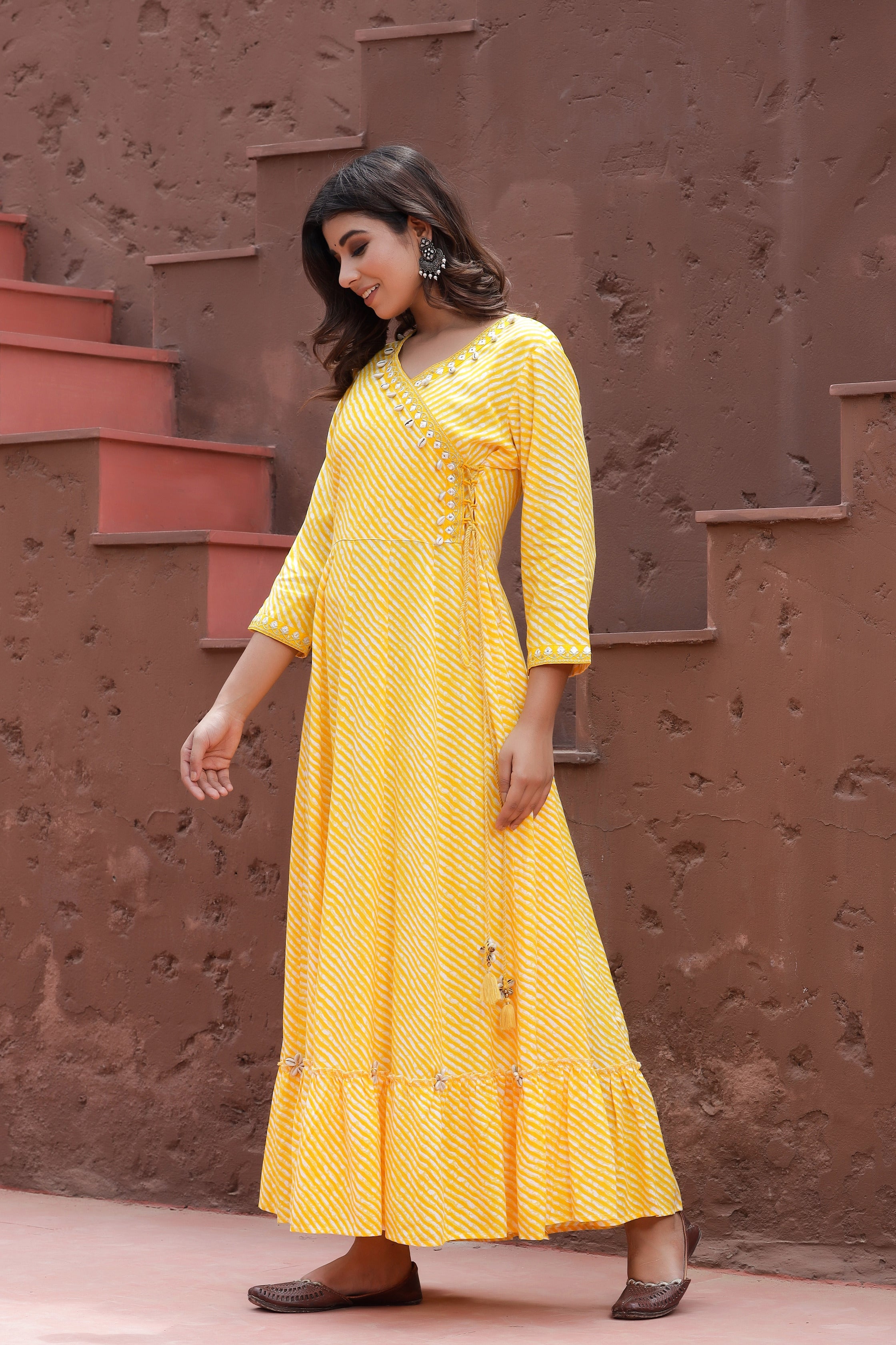 Women Yellow Lehariya Printed Dress
