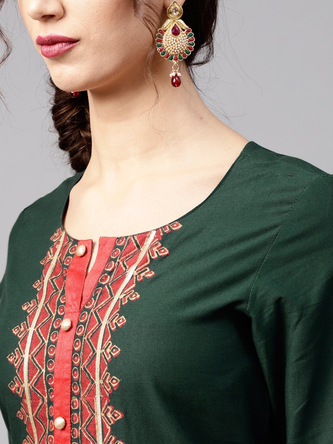 Women Green yoke design straight kurta with block print detail - NOZ2TOZ