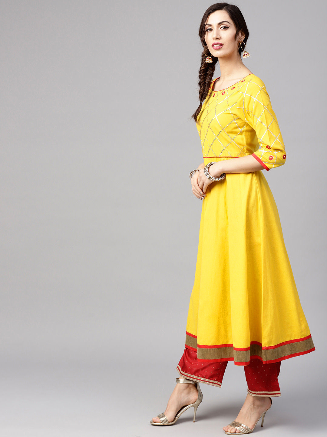 Women Yellow embellished Anarkali kurta - NOZ2TOZ