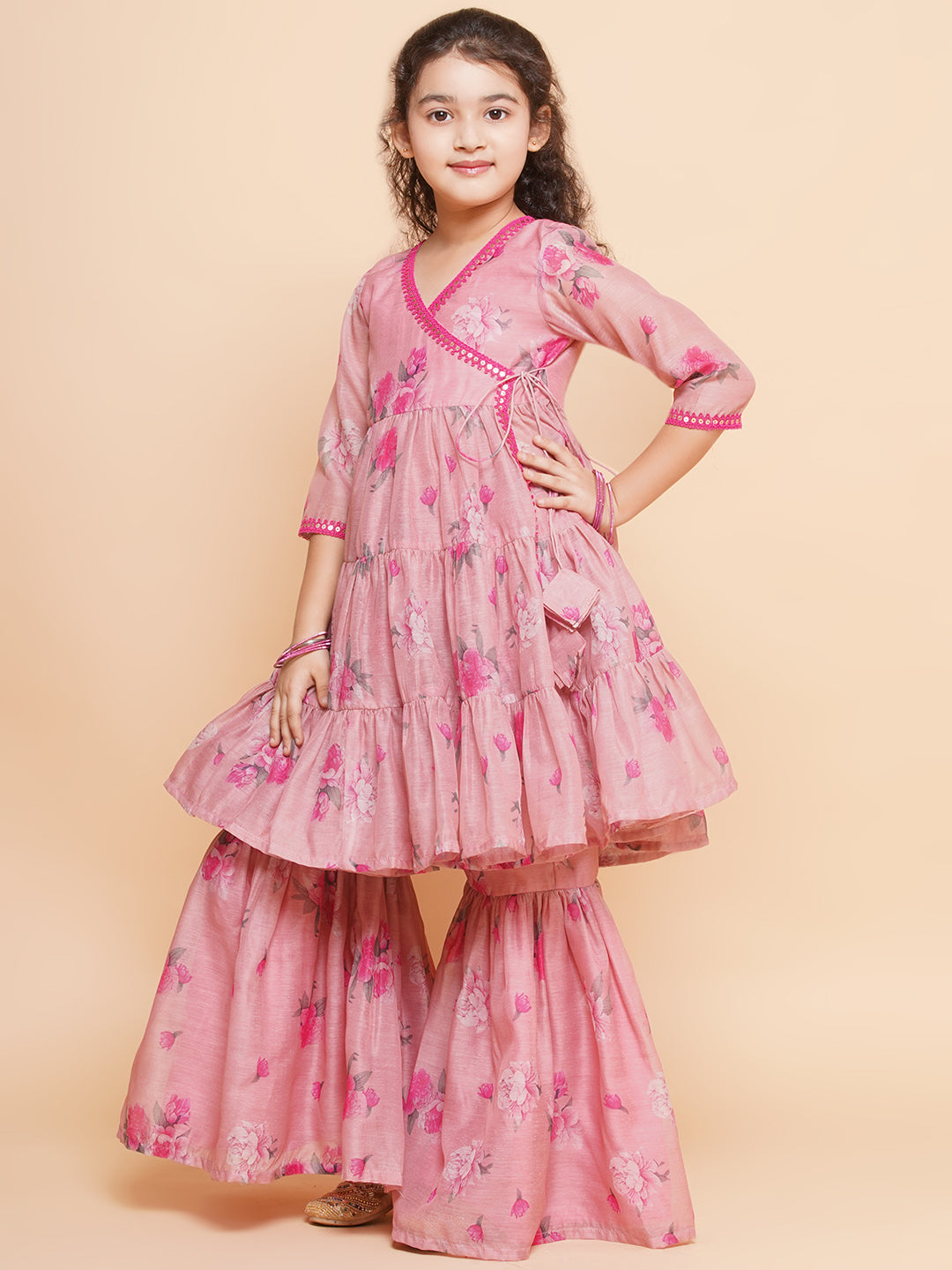 Girls Pink Printed Angrakha Kurta with Sharara