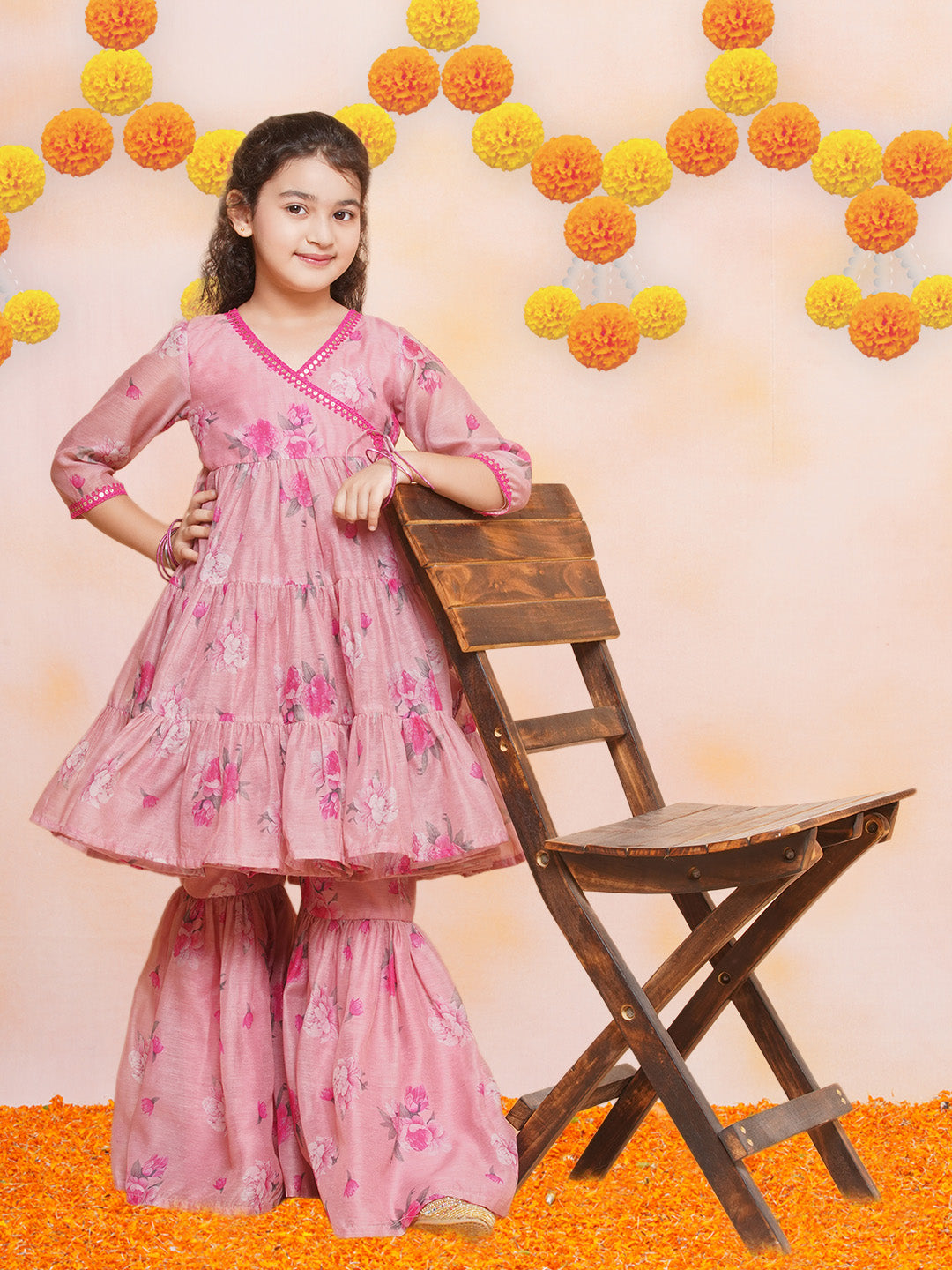 Girls Pink Printed Angrakha Kurta with Sharara