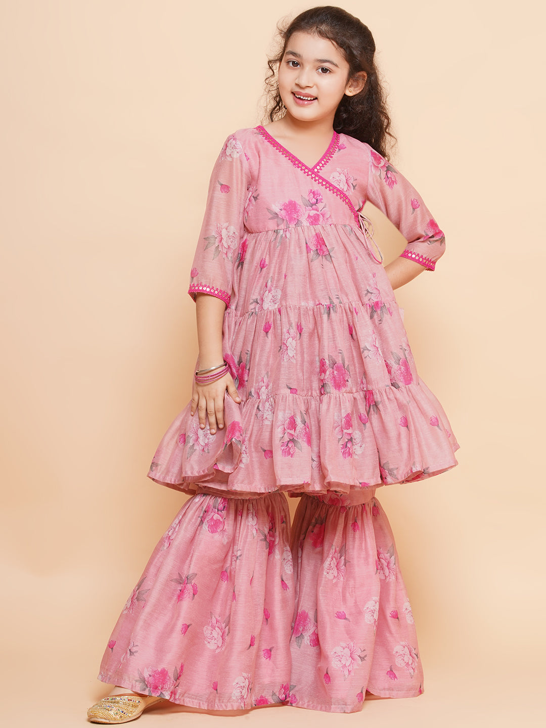 Girls Pink Printed Angrakha Kurta with Sharara