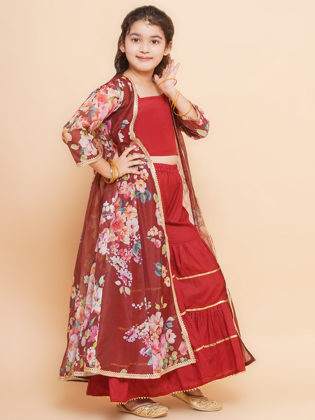 Girls Maroon Cami Saharara with Floral printed shrug