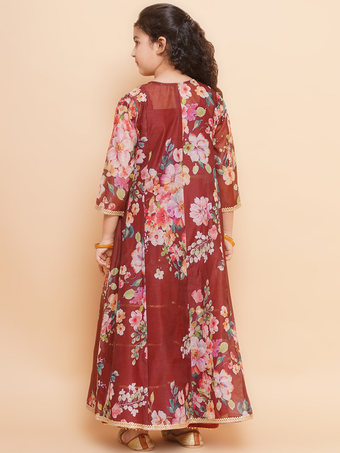 Girls Maroon Cami Saharara with Floral printed shrug