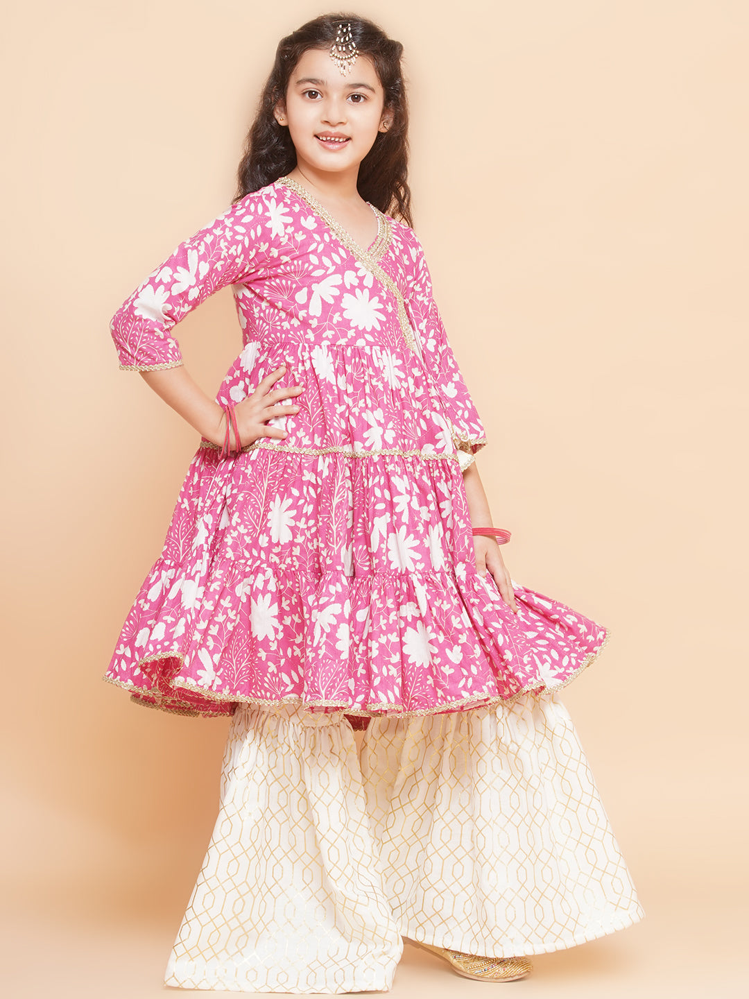 Girls Pink Printed Angrakha Tier Kurta with Sharara