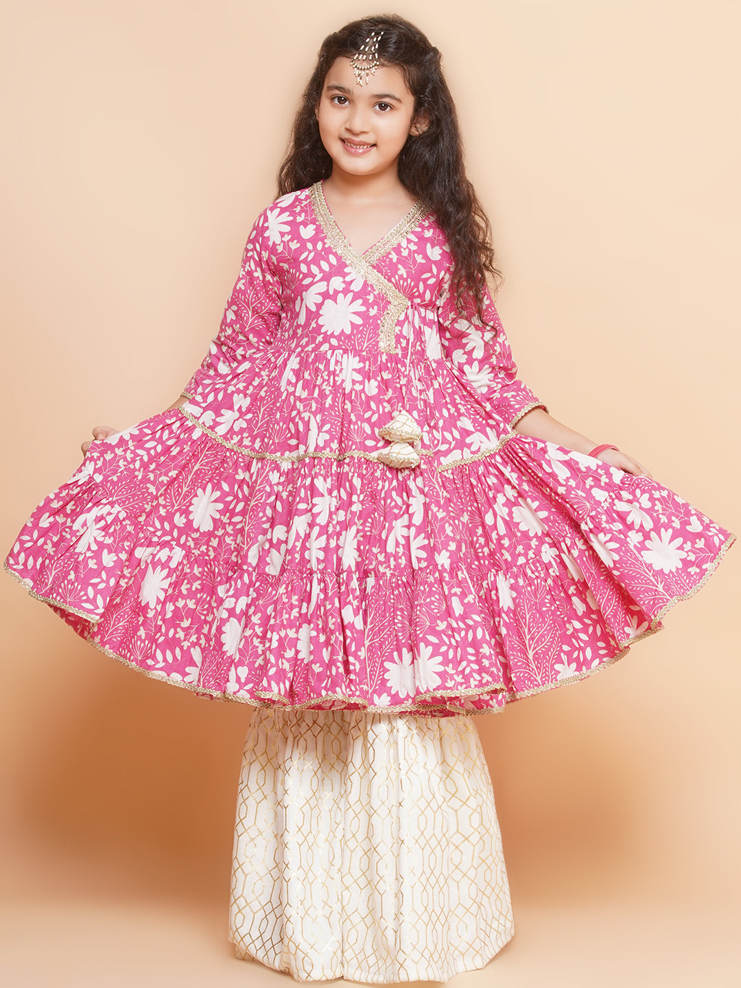 Girls Pink Printed Angrakha Tier Kurta with Sharara