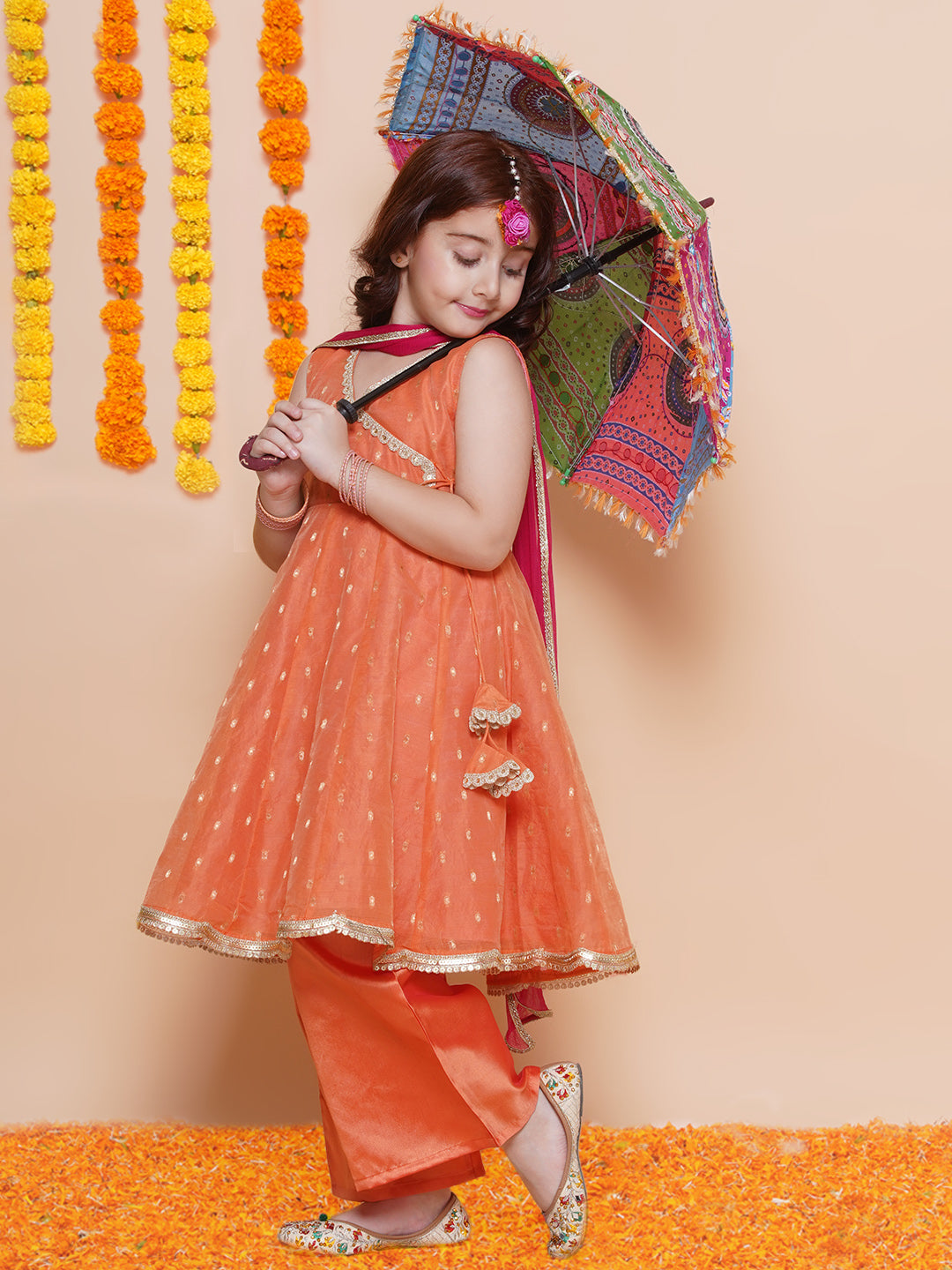 Girls Peach Orange booti Angrakha Gotta Patti Kurta & Trousers set With Dupatta