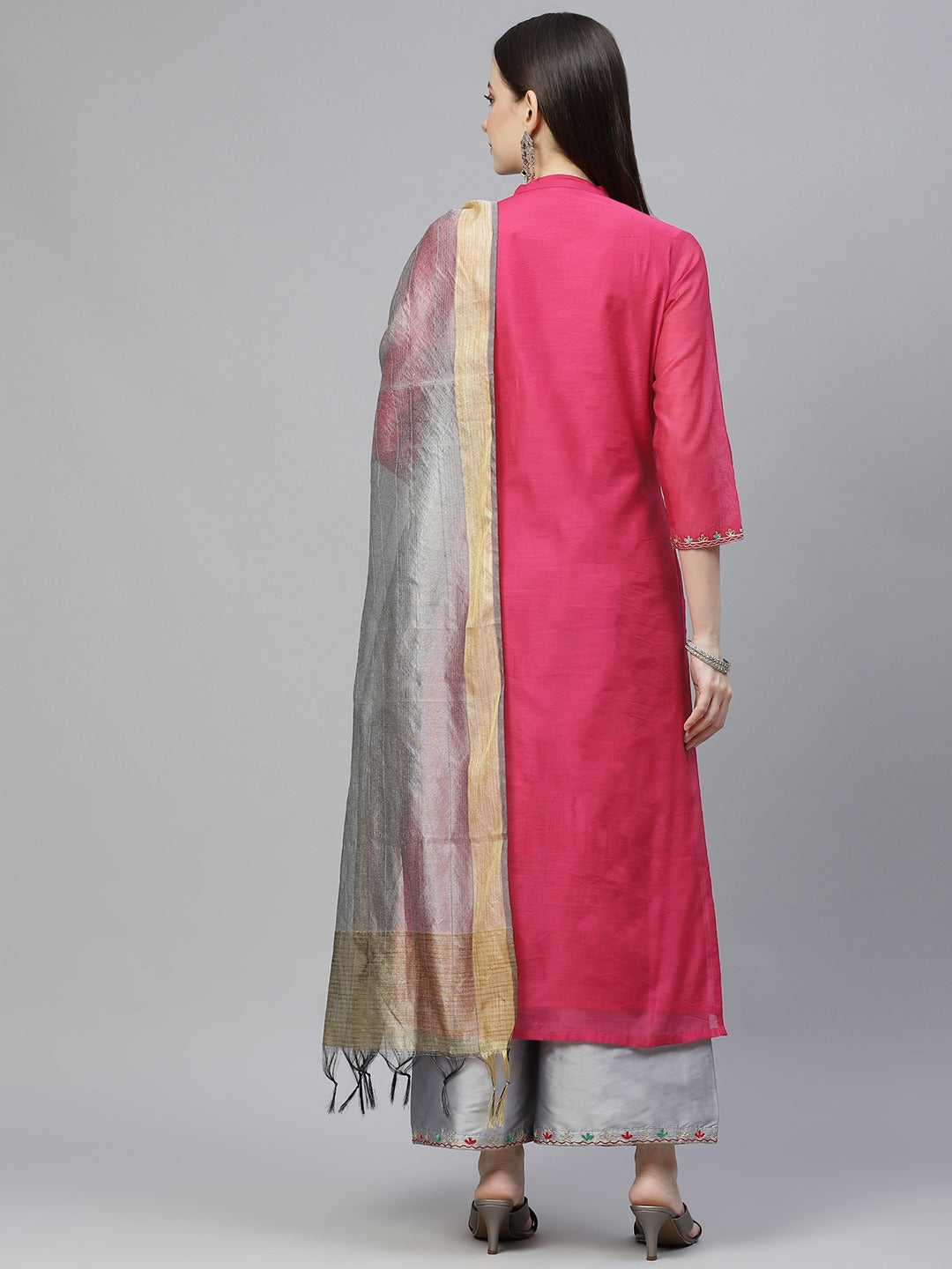 Women Pink & Grey Ethnic Yoke Design Aari Work Kurta with Palazzos & With Dupatta - NOZ2TOZ