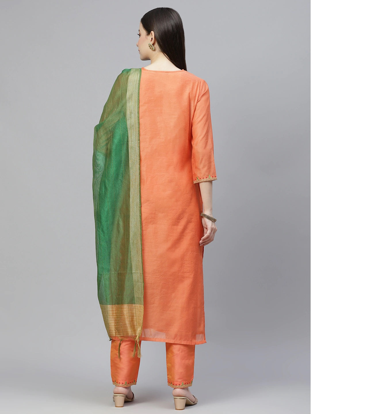 Women Orange & Green Ethnic Yoke Design Kurta with Trousers & With Dupatta - NOZ2TOZ