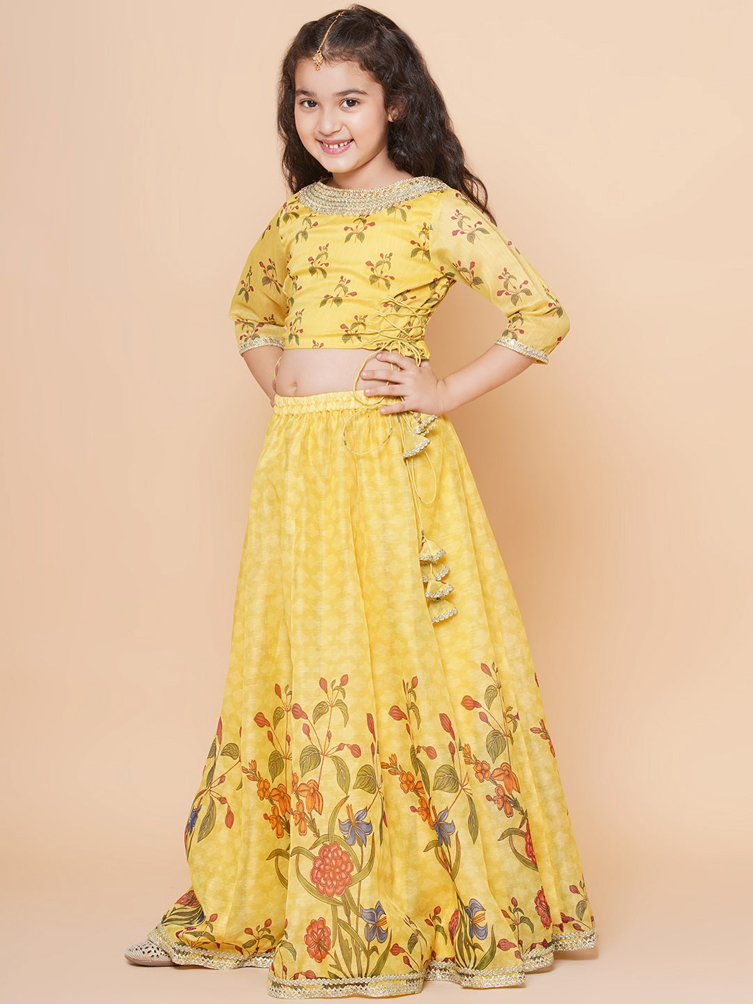 Girls Yellow Digital Flower Print Lace work Choli Ready to wear Lehenga with Dupatta