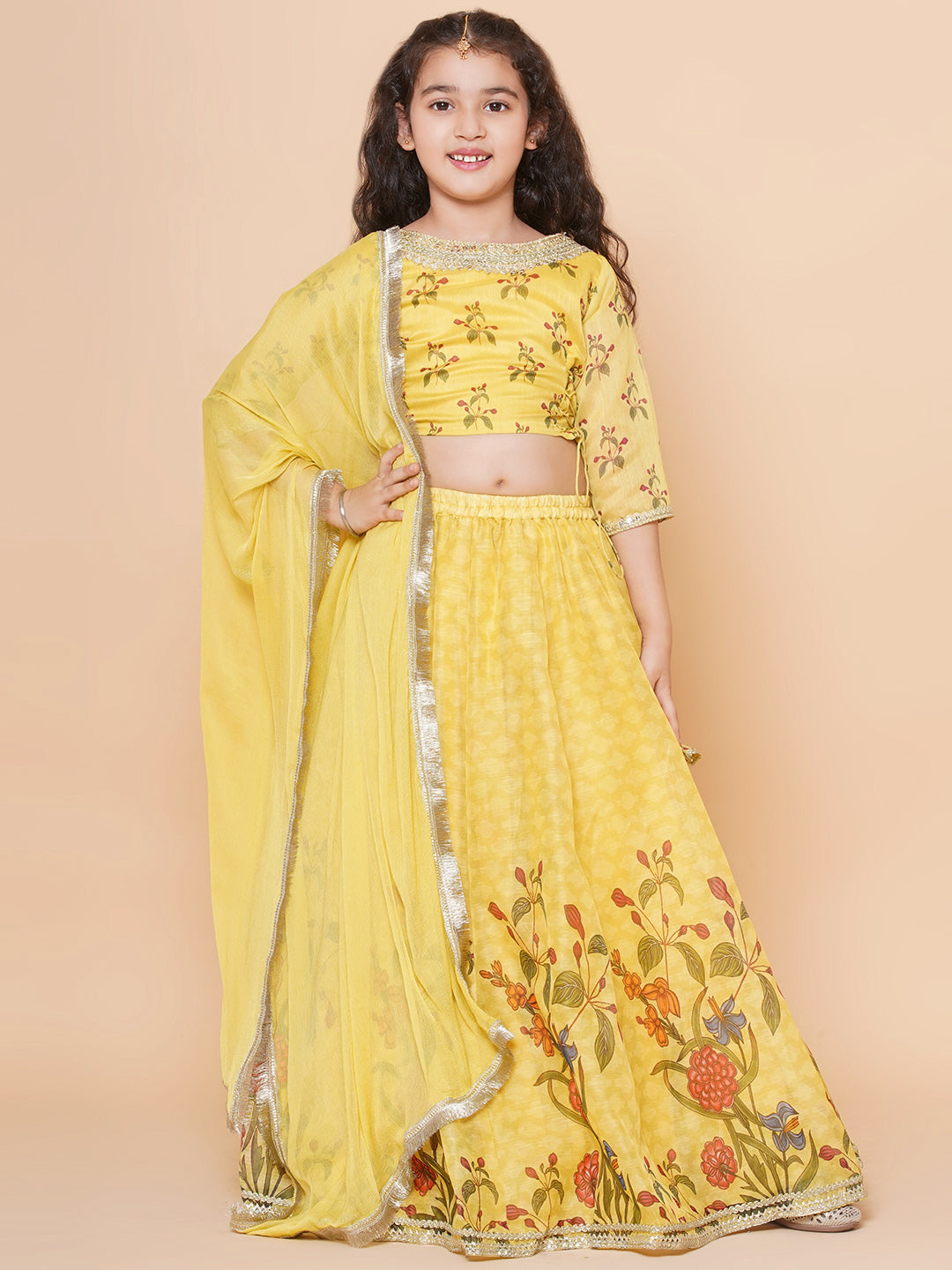 Girls Yellow Digital Flower Print Lace work Choli Ready to wear Lehenga with Dupatta