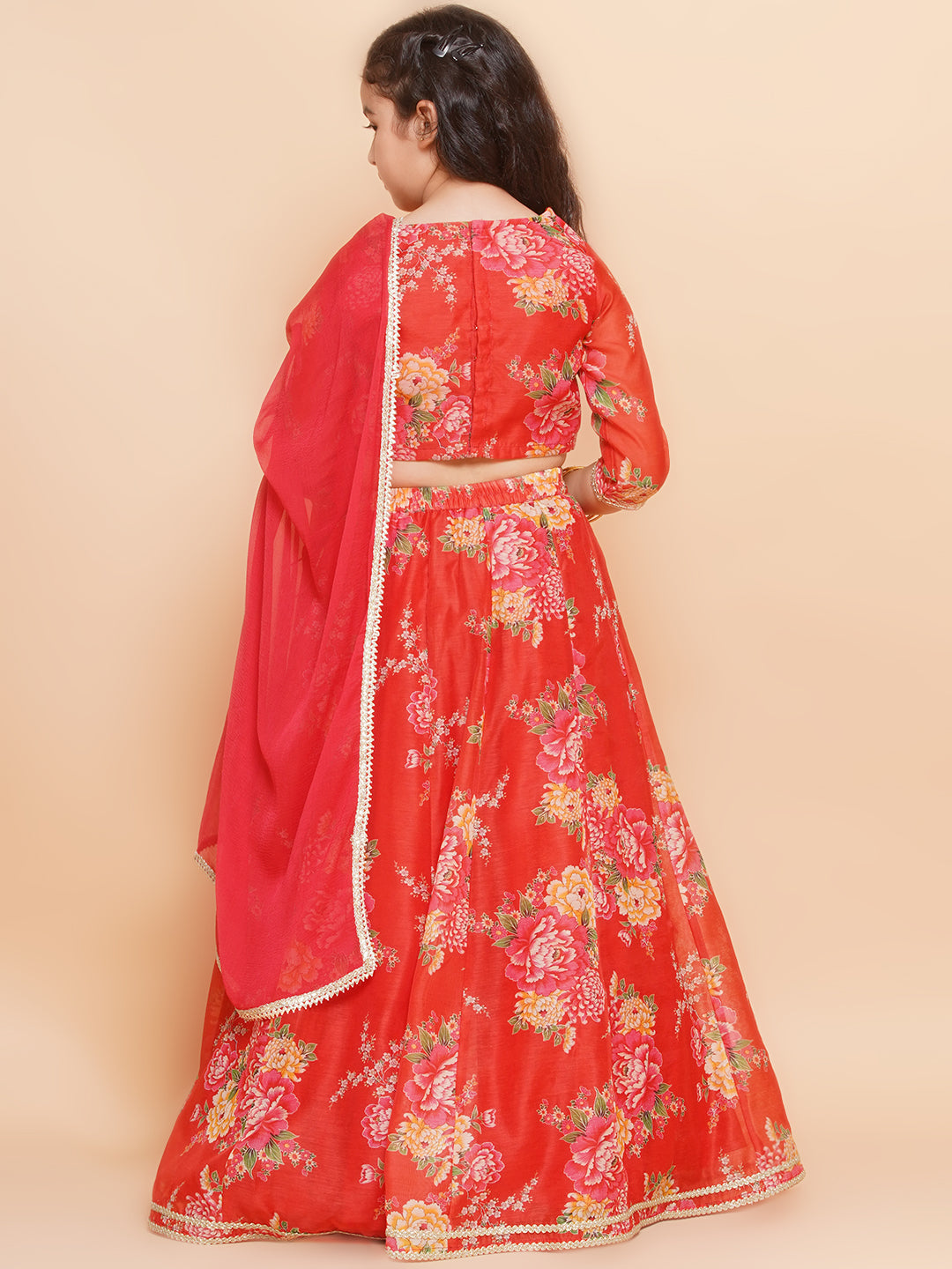 Girls Red & Green Digital Flower Print Lace work Choli Lehenga with Dupatta